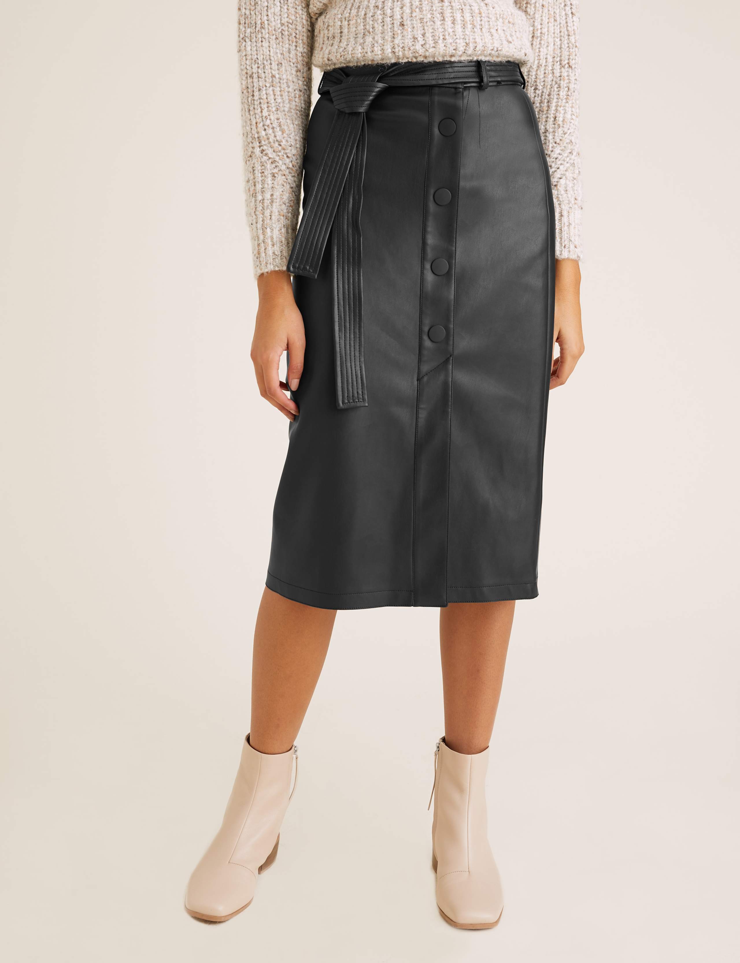 Faux Leather Tie Waist Midi A-Line Skirt 5 of 5