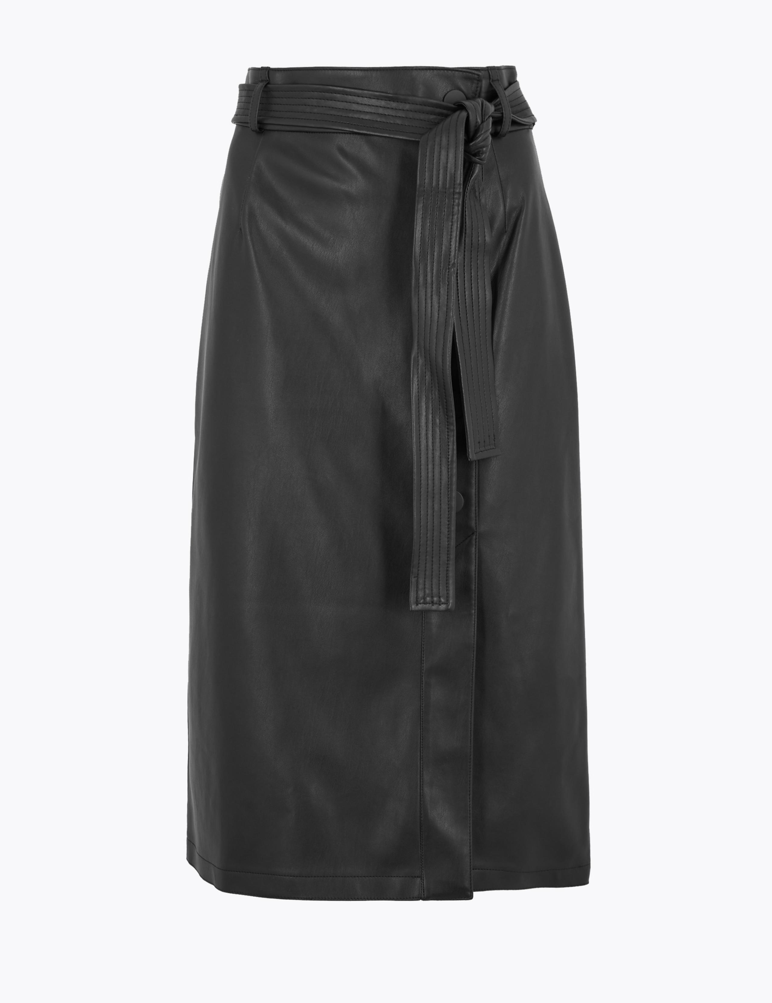 Faux Leather Tie Waist Midi A-Line Skirt 2 of 5