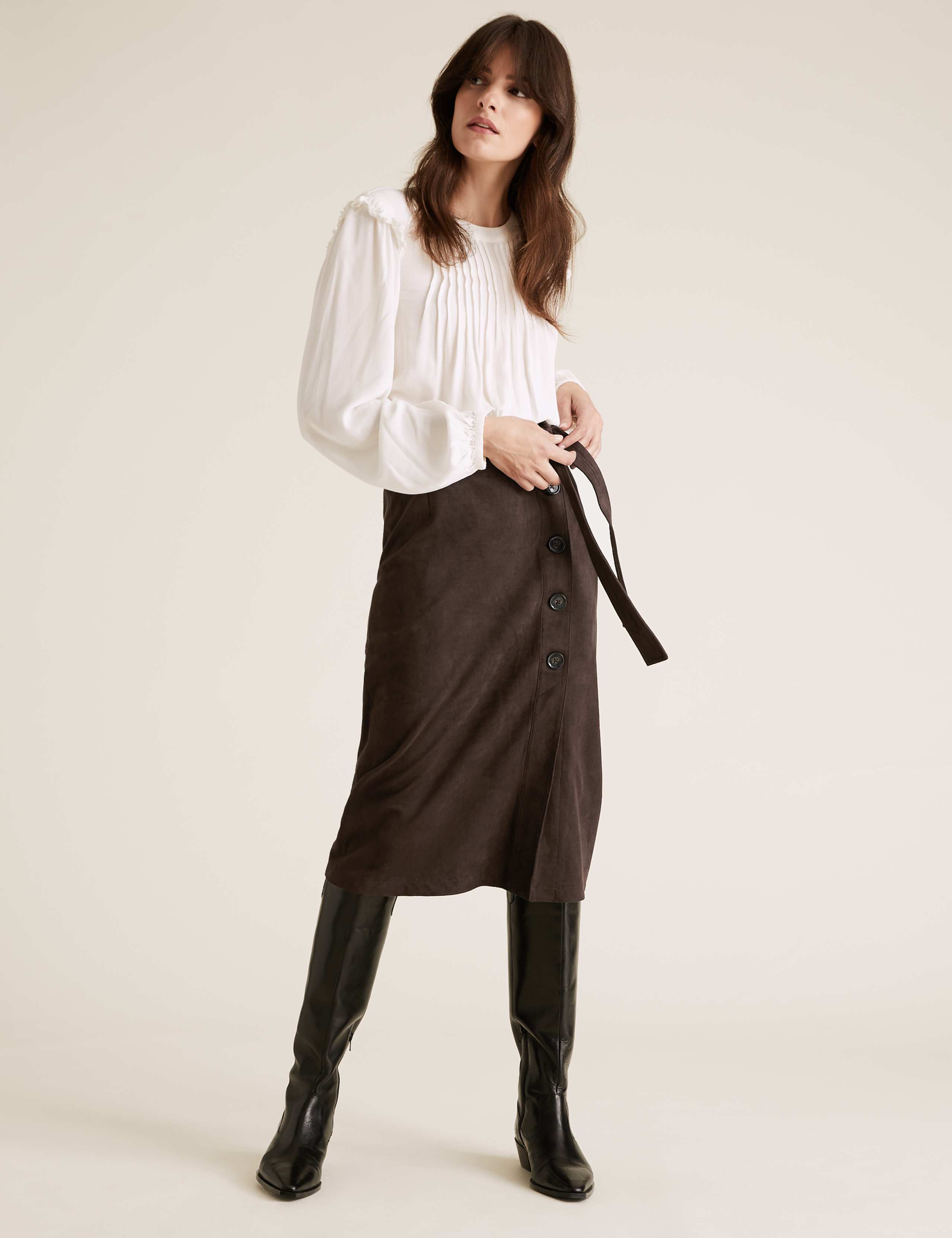 Suedette Tie Waist Midi A-Line Skirt 1 of 6