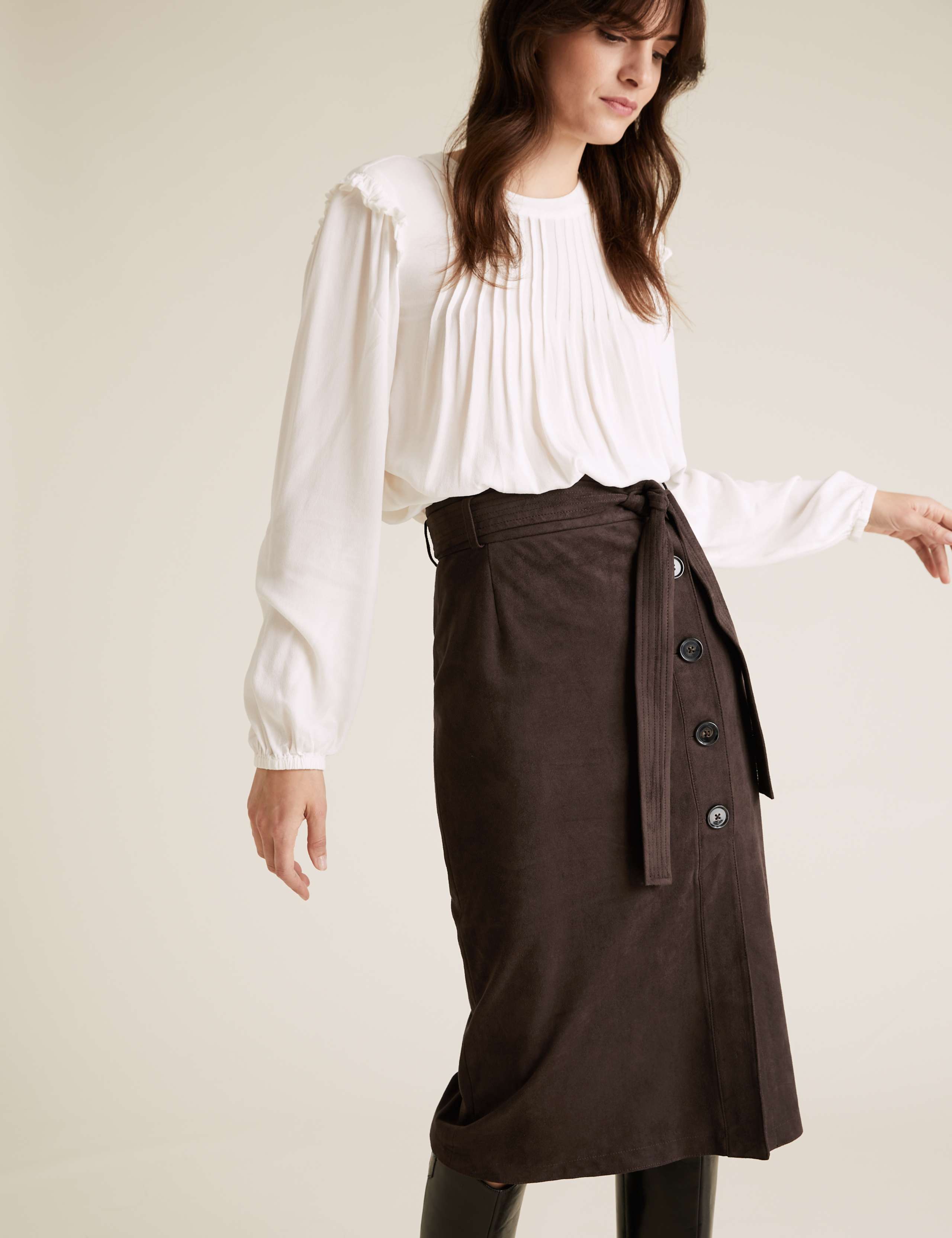 Suedette Tie Waist Midi A-Line Skirt 6 of 6