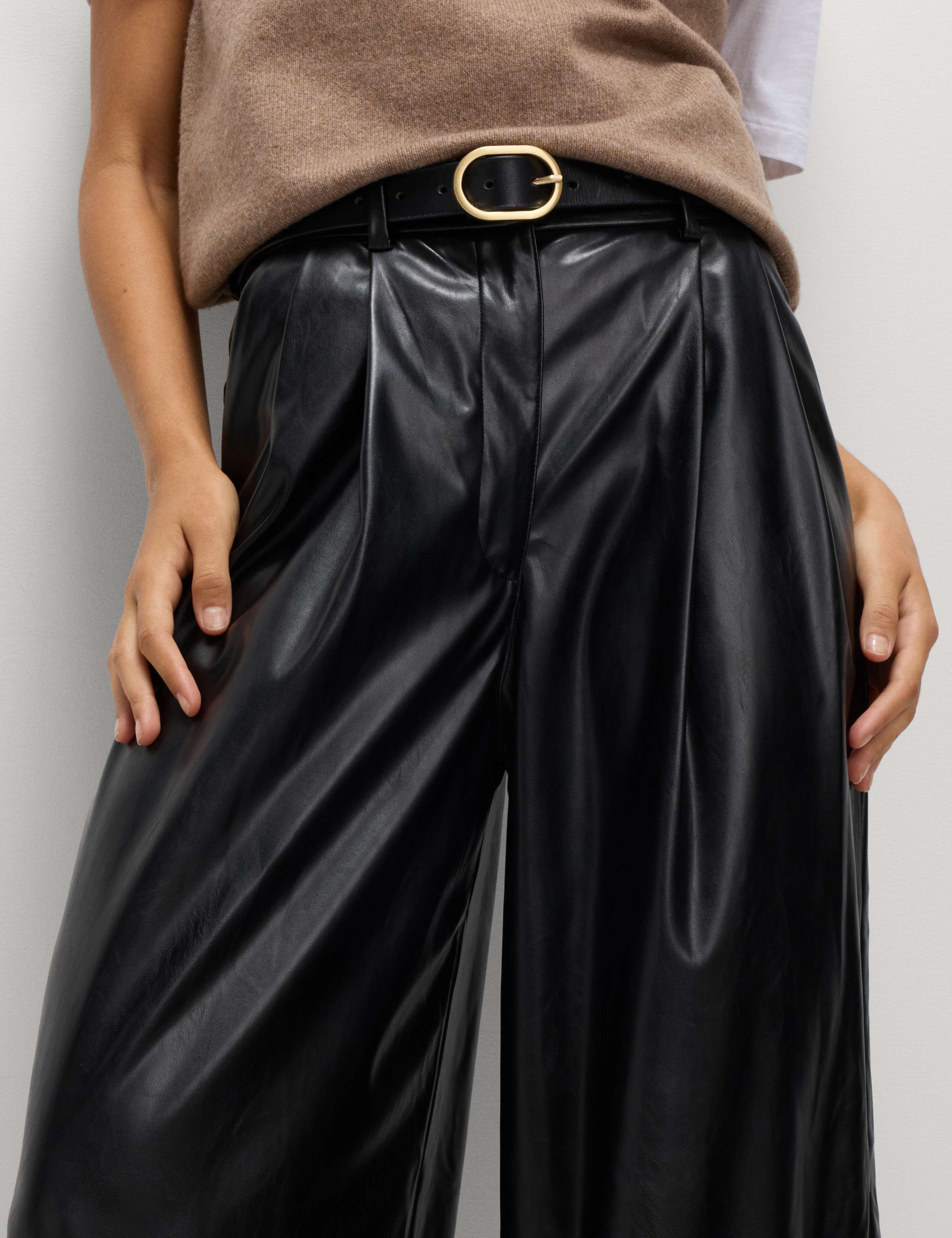 Faux Leather Double Pleat Wide Leg Trousers 3 of 5