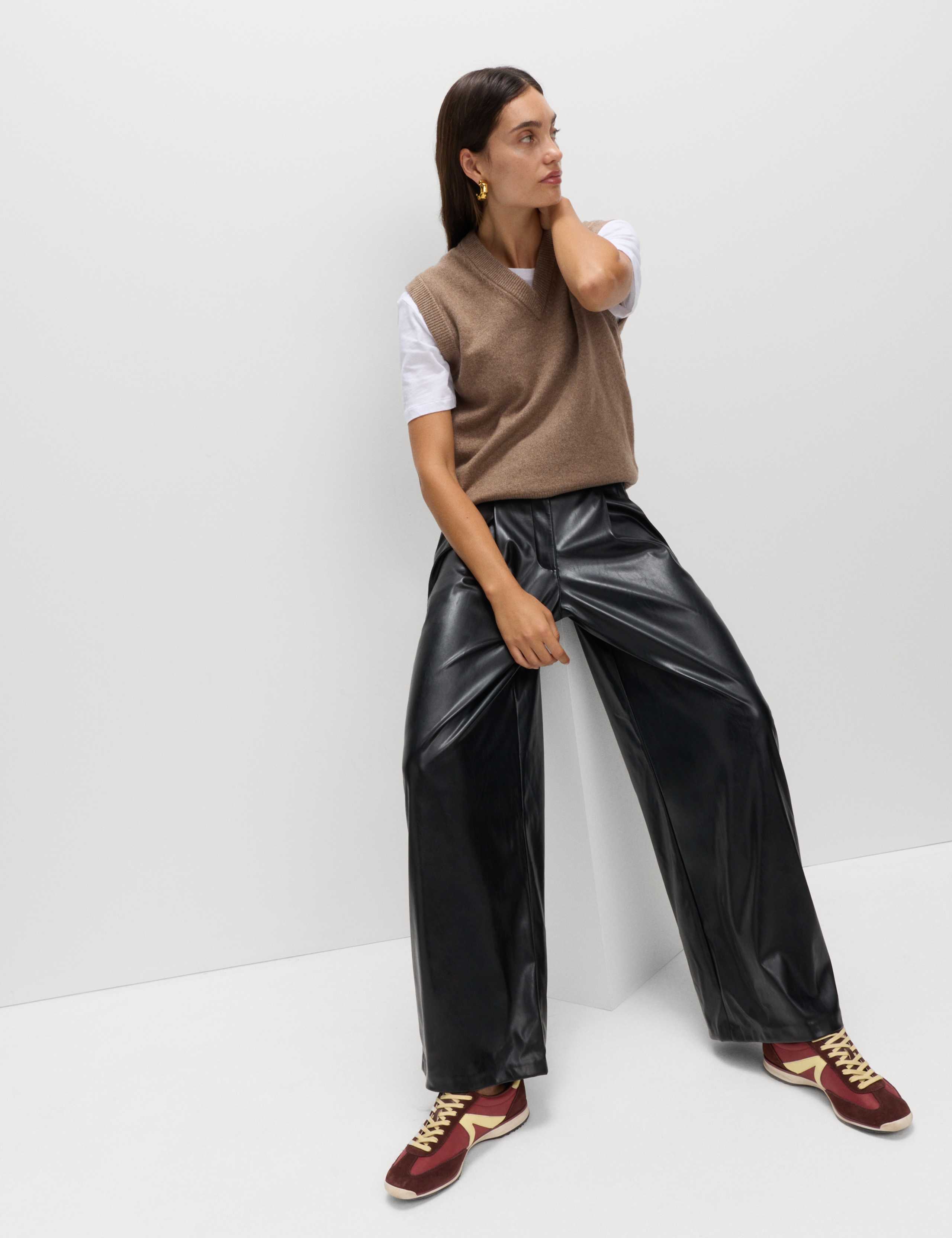 Faux Leather Double Pleat Wide Leg Trousers 4 of 5
