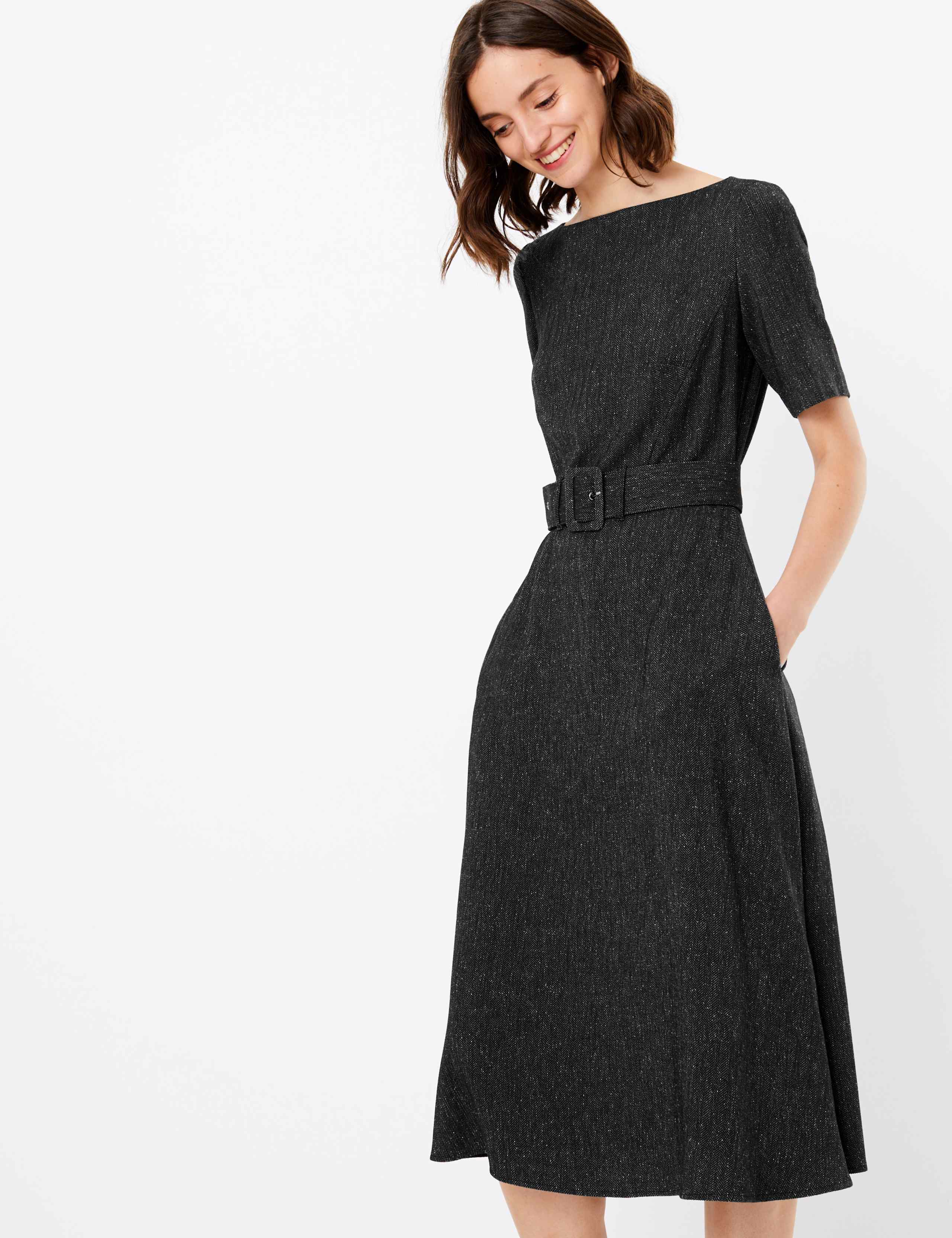 Belted Herringbone Fit & Flare Midi Dress 1 of 5