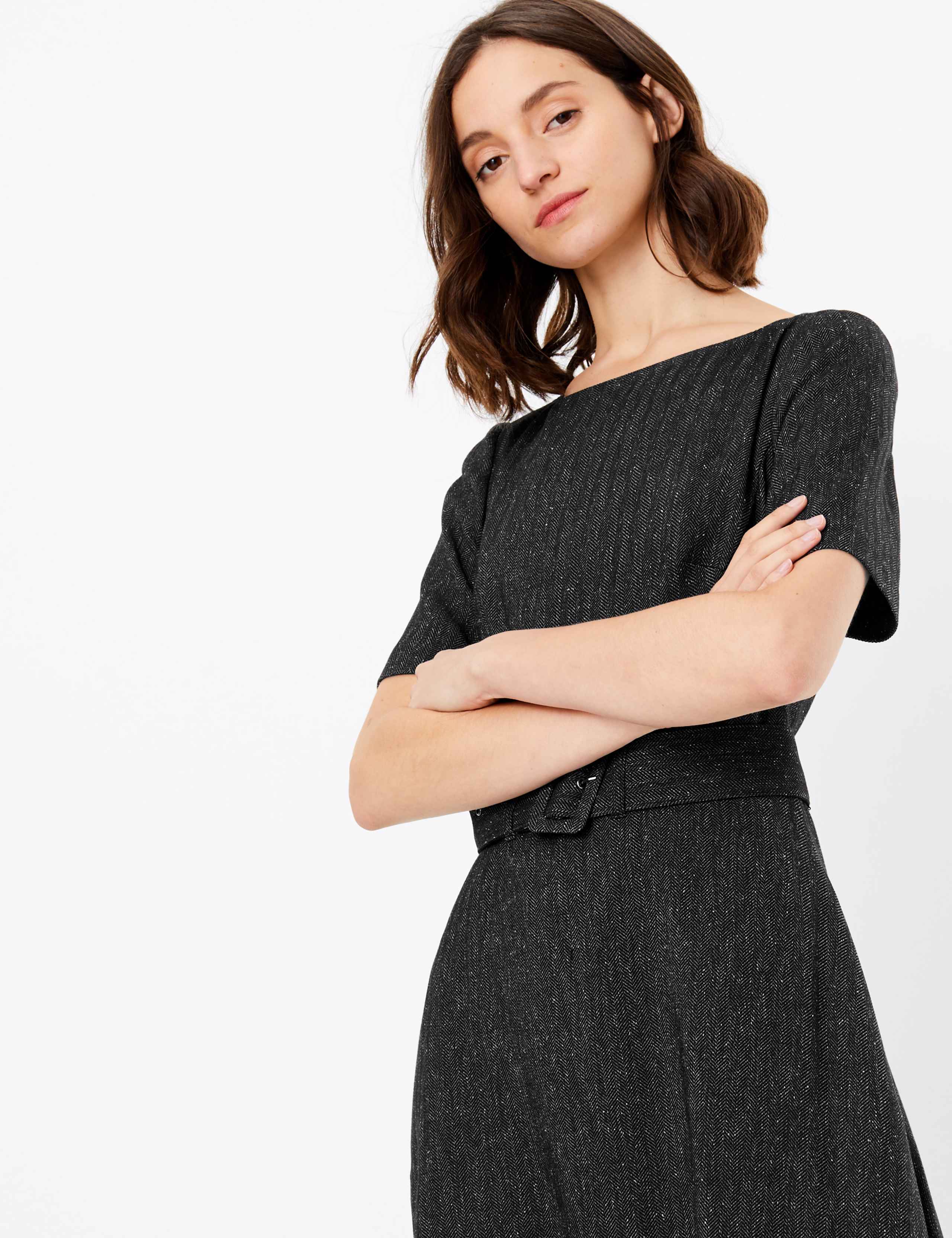 Belted Herringbone Fit & Flare Midi Dress 3 of 5