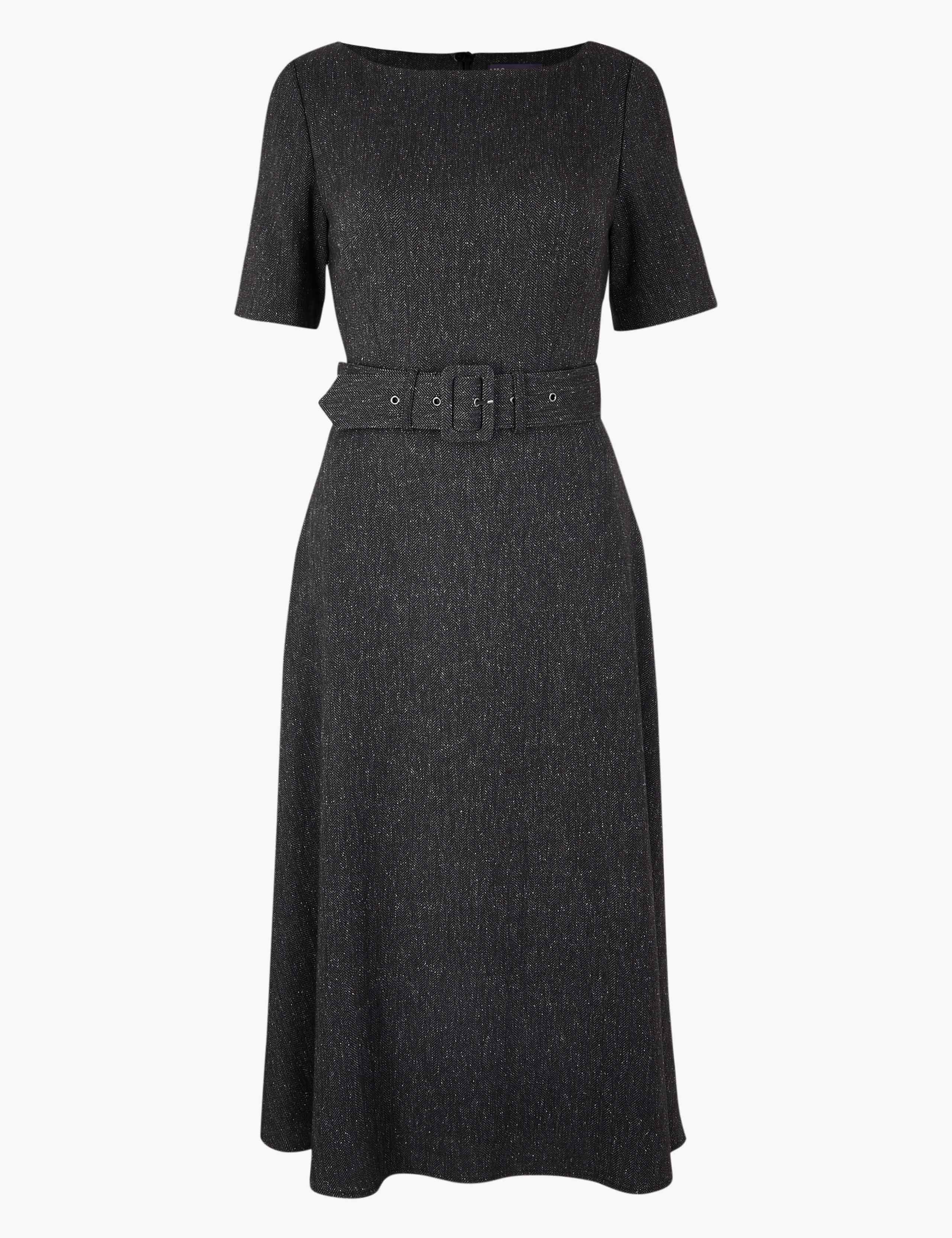Belted Herringbone Fit & Flare Midi Dress 2 of 5