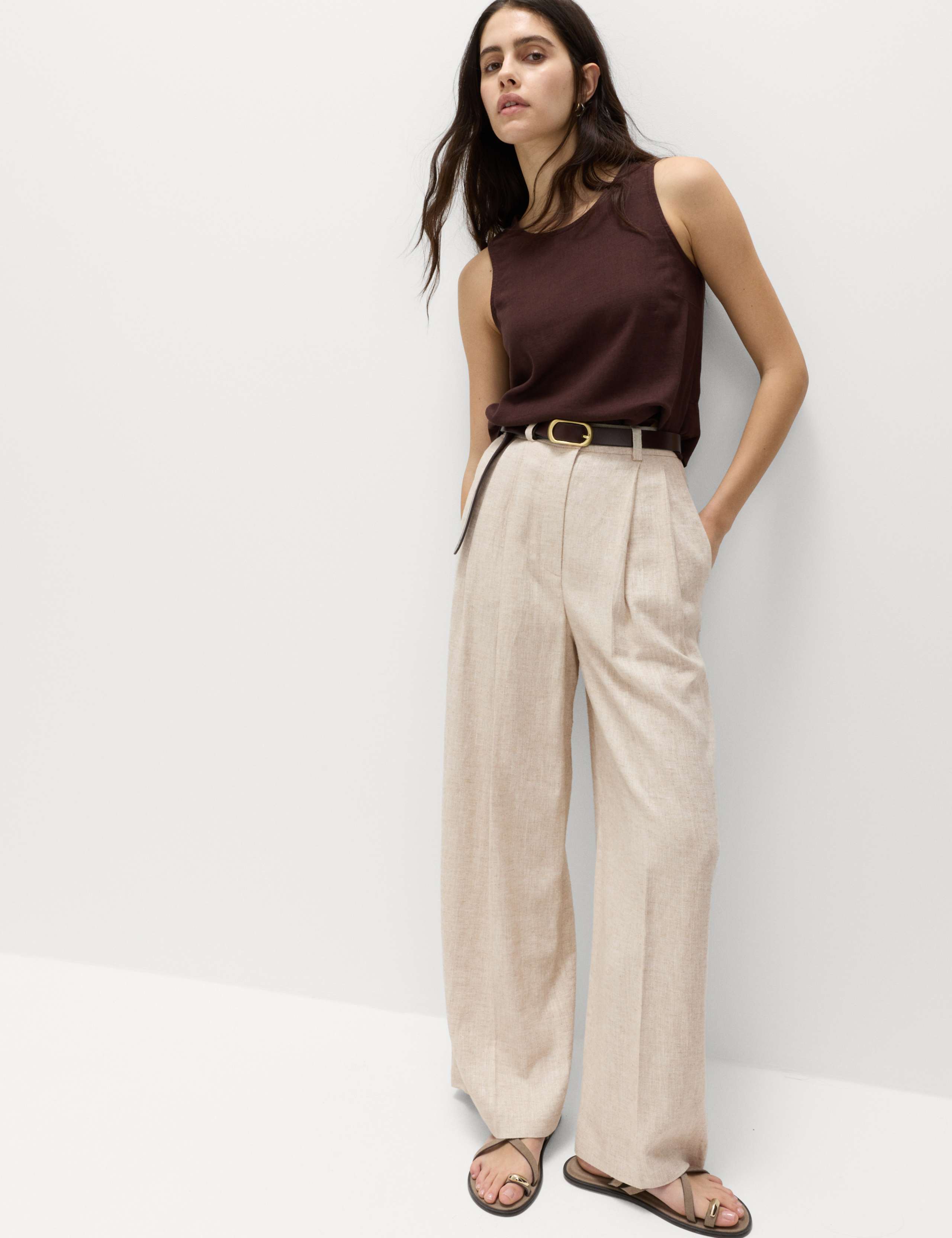 Linen Blend Pleat Front Wide Leg Trousers 1 of 6