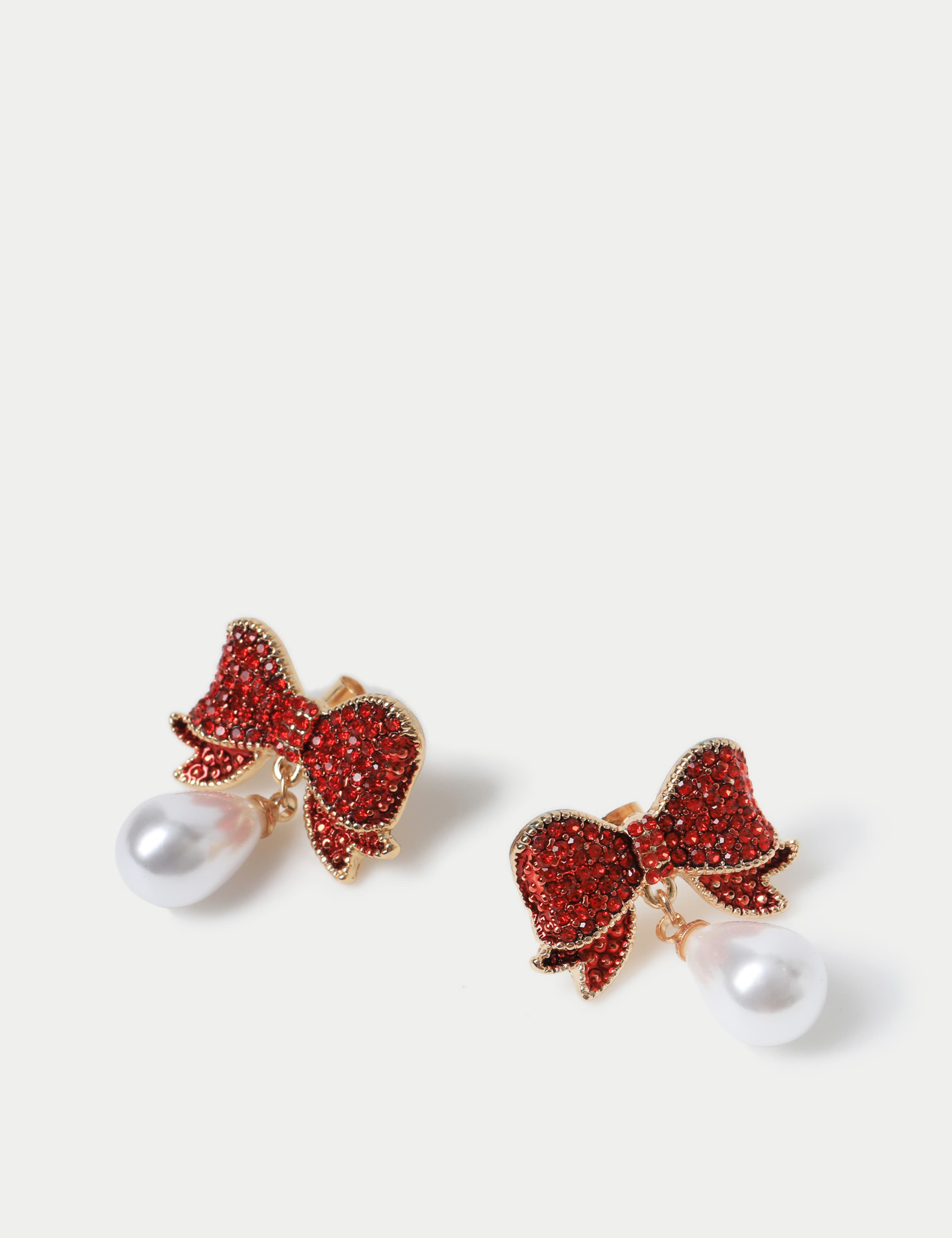 Christmas Red Rhinestone Bow and Pearl Drop Earrings 2 of 2