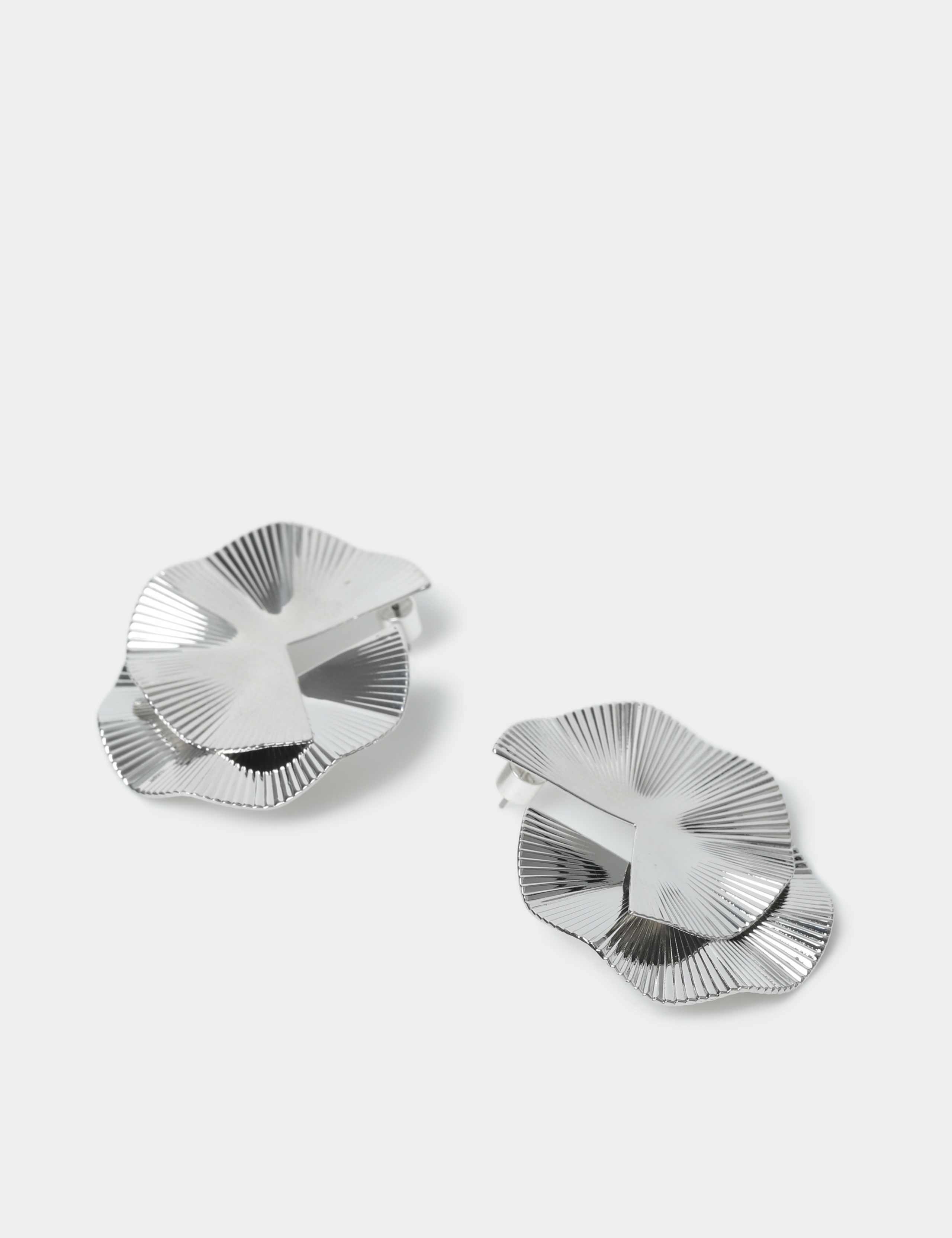 Oversized Rhodium Tone Circular Sector Ridge Earrings 2 of 2