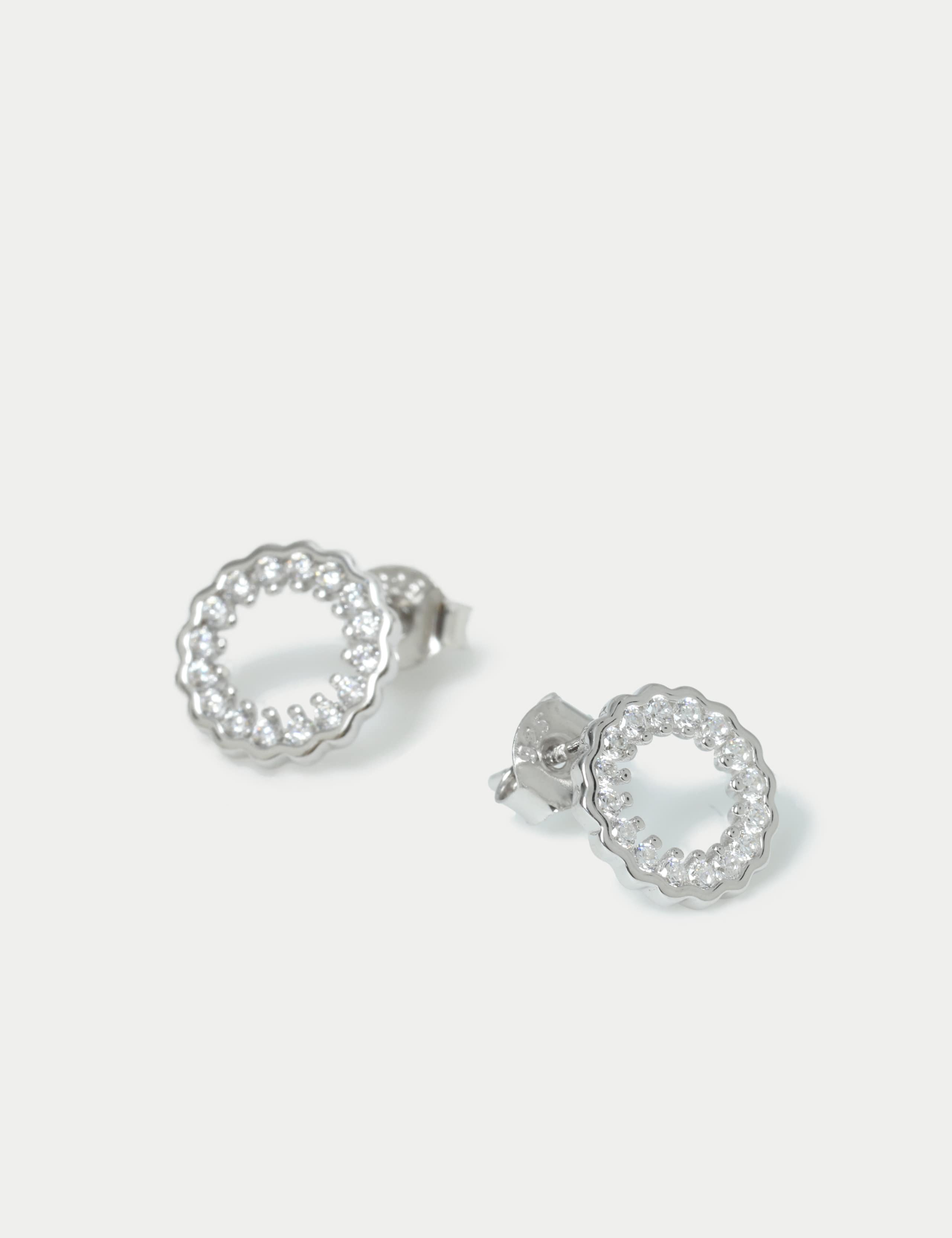 925 Sterling Silver Pave Circle Stud Earrings 2 of 3
