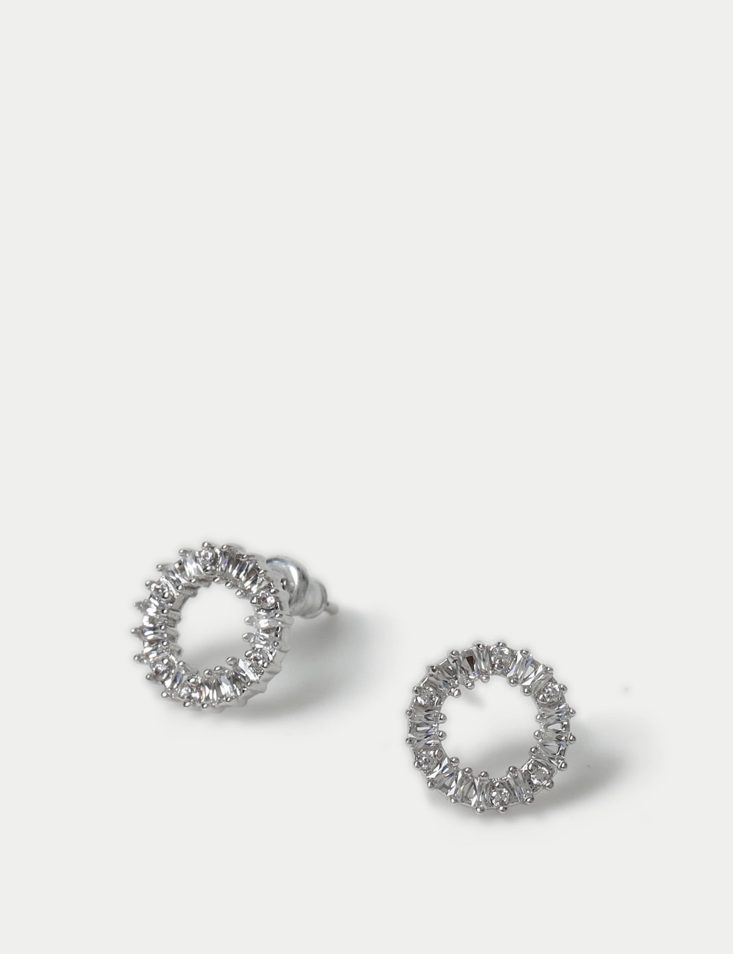 Platinum Plated Cubic Zirconia Baguette Circle Stud Earrings 2 of 3