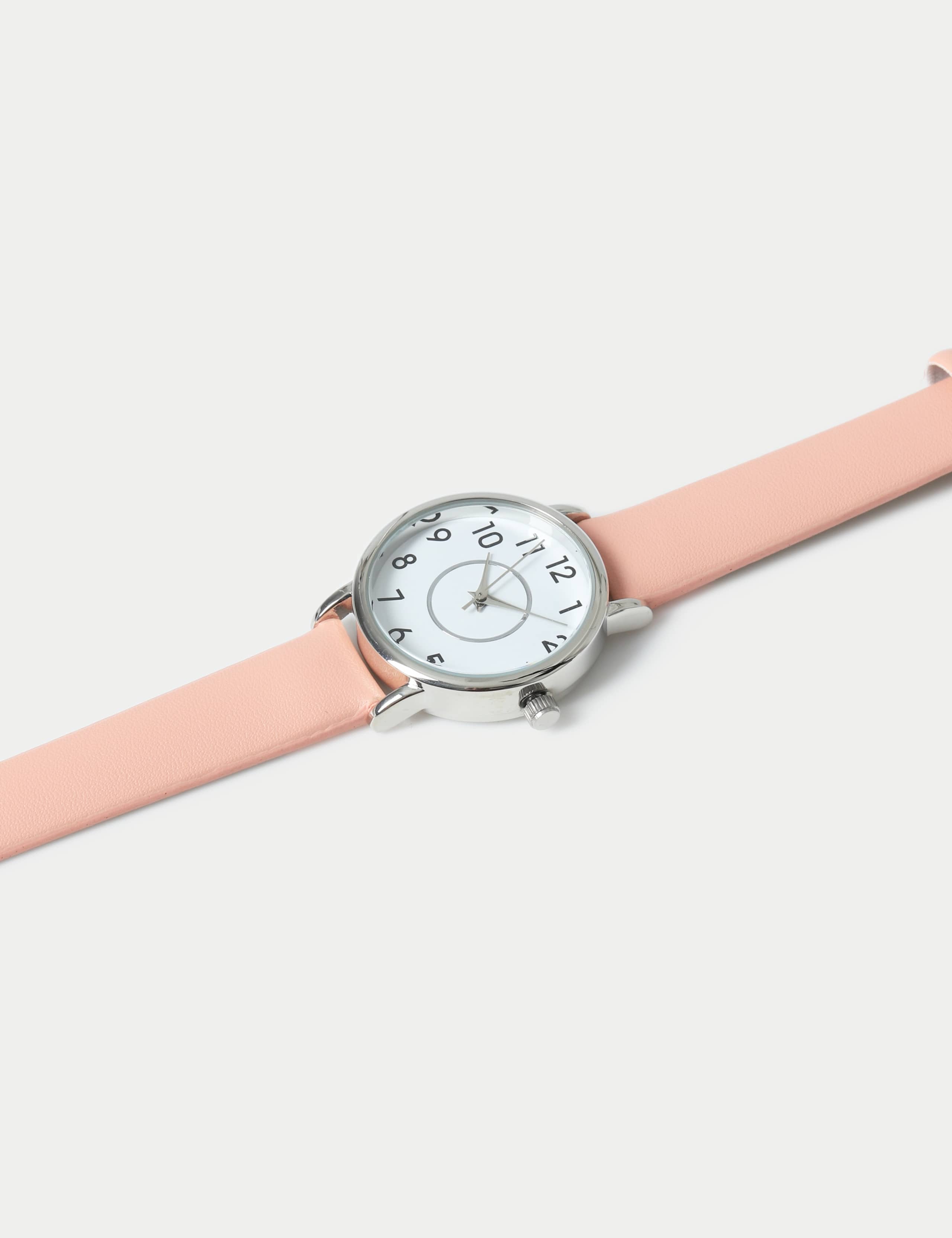 Pink Minimalist Faux Leather Strap Watch 2 of 3