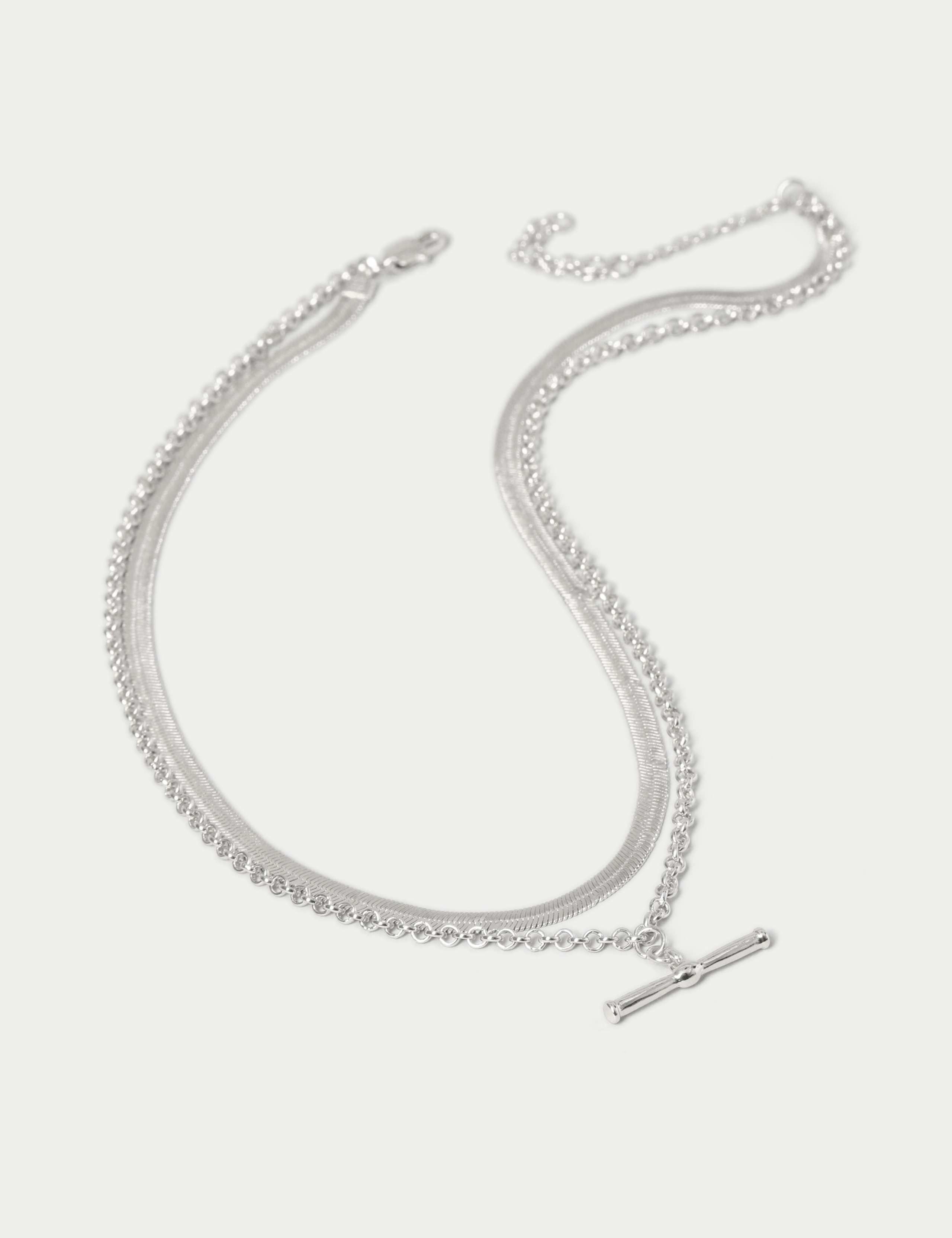 Silver Tone Snake Chain Multi Row T-Bar Necklace 3 of 3