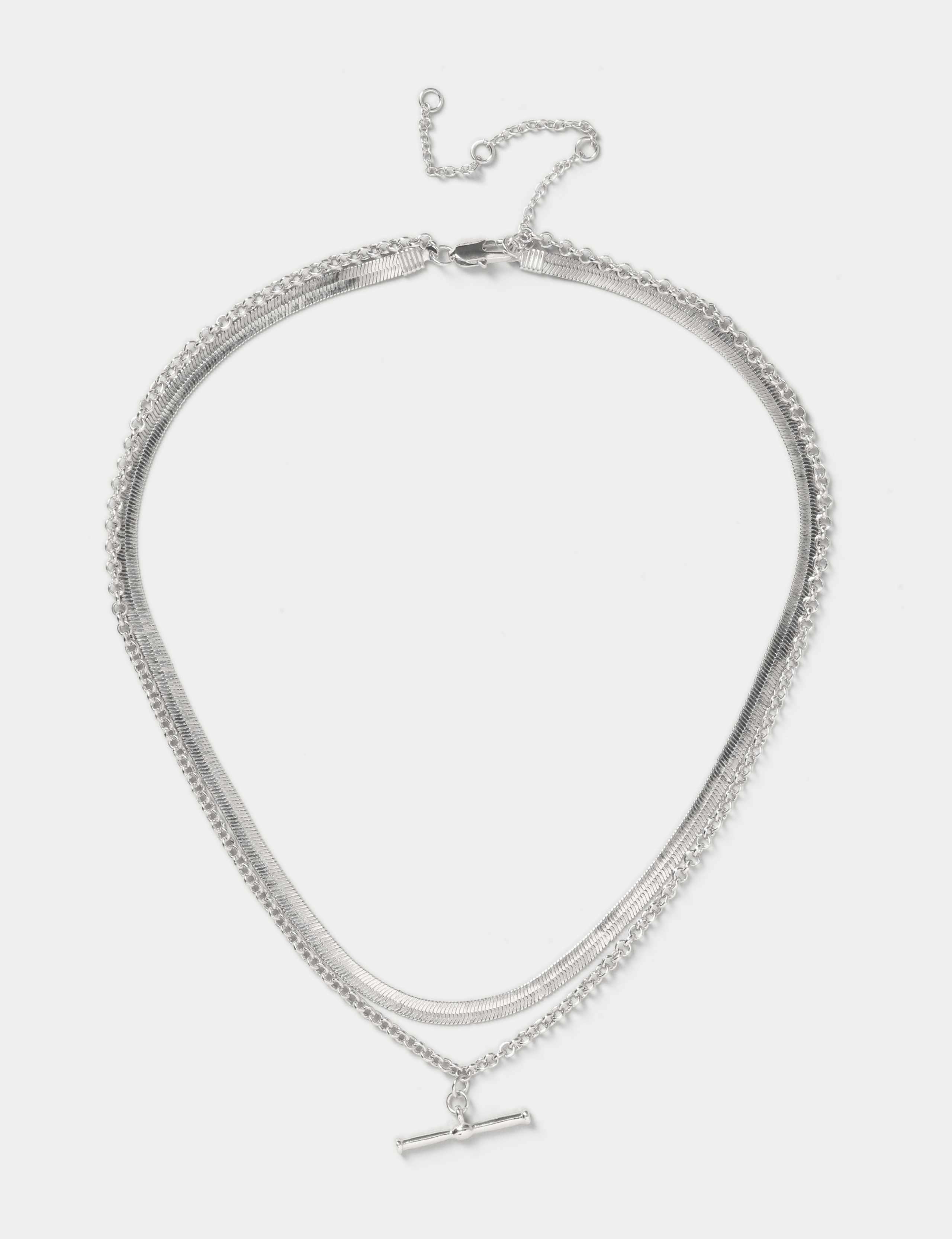 Silver Tone Snake Chain Multi Row T-Bar Necklace 2 of 3