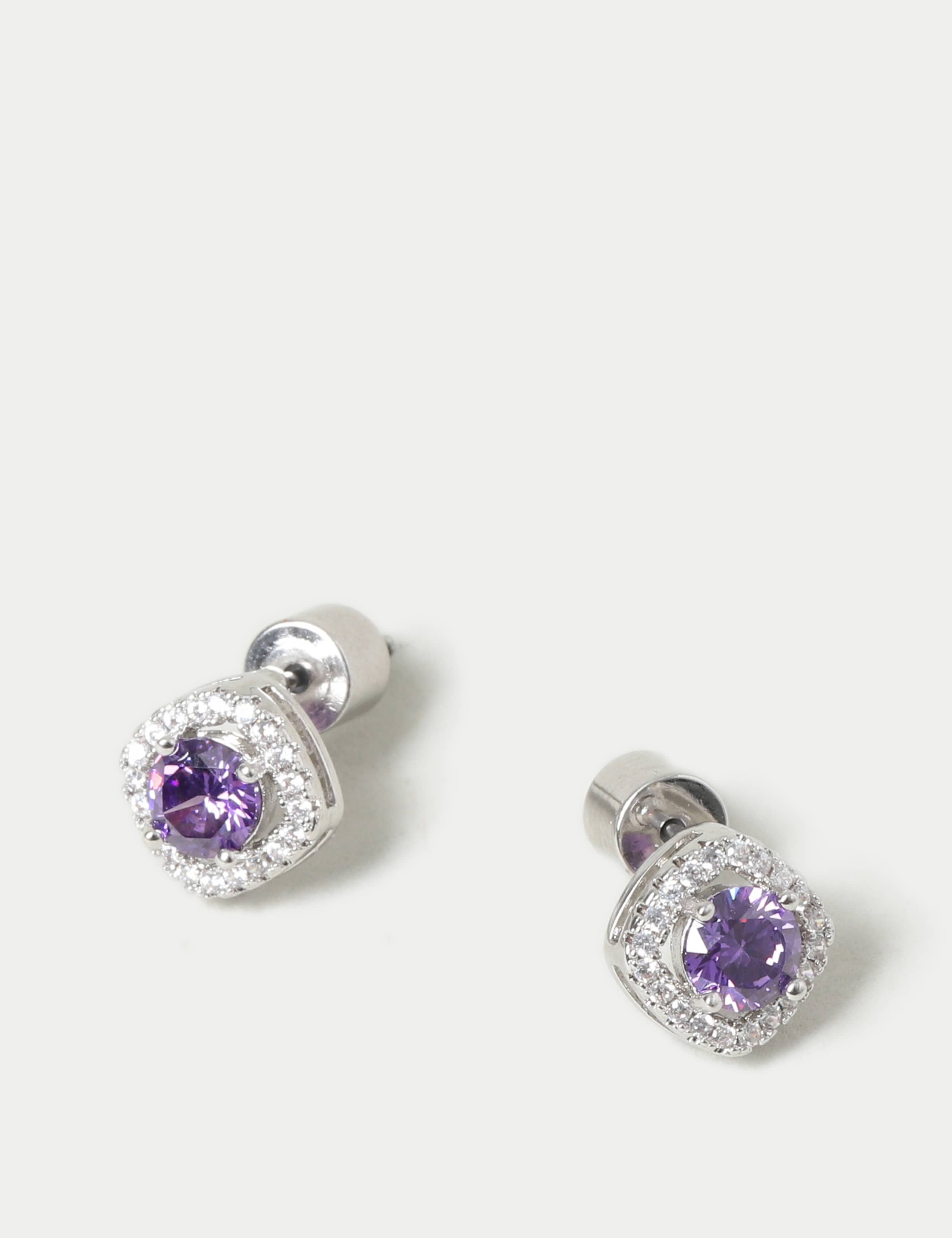 Platinum Plated Cubic Zirconia February Birthstone Stud Earring 2 of 2