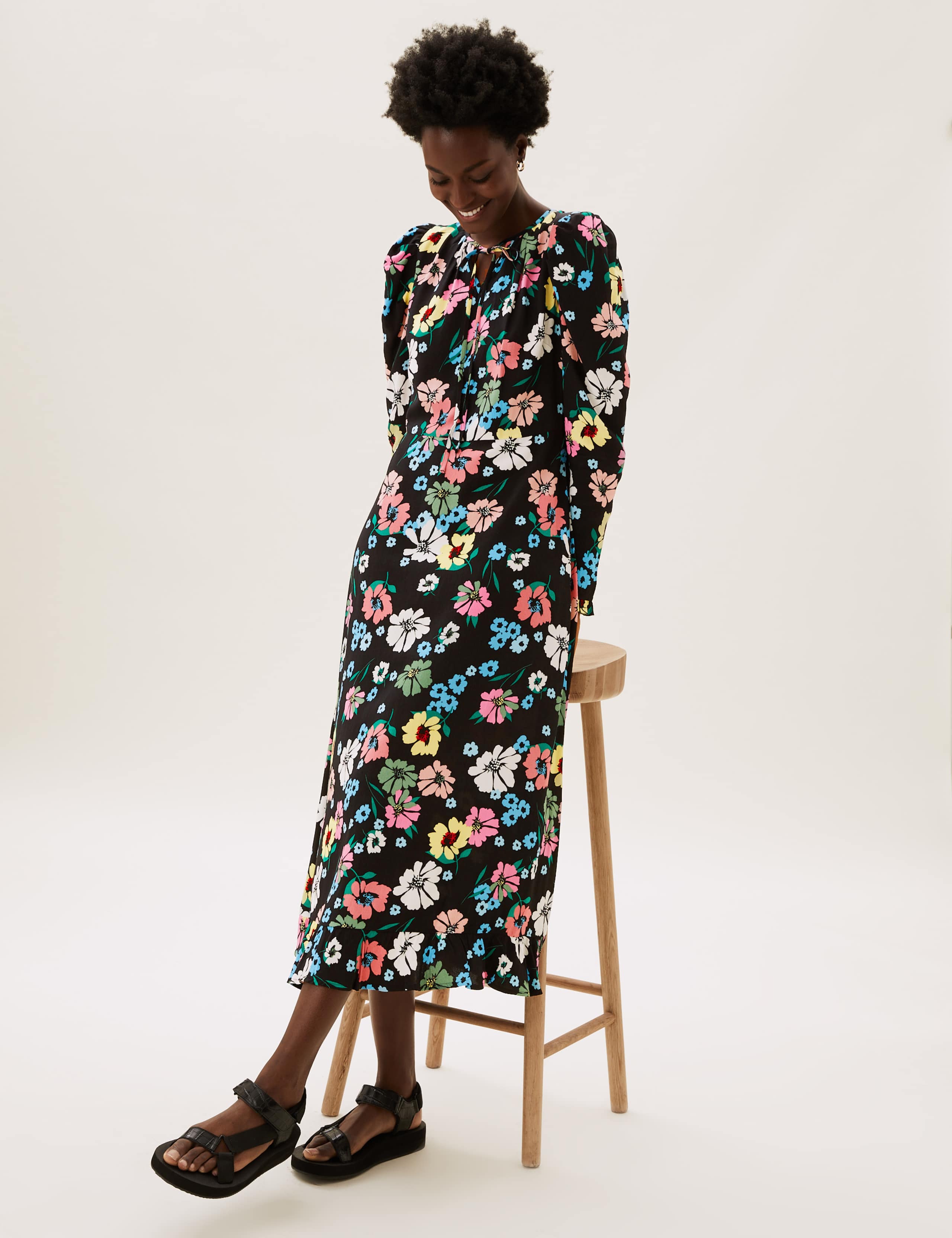 Floral Tie Neck Midi Tea Dress 1 of 6