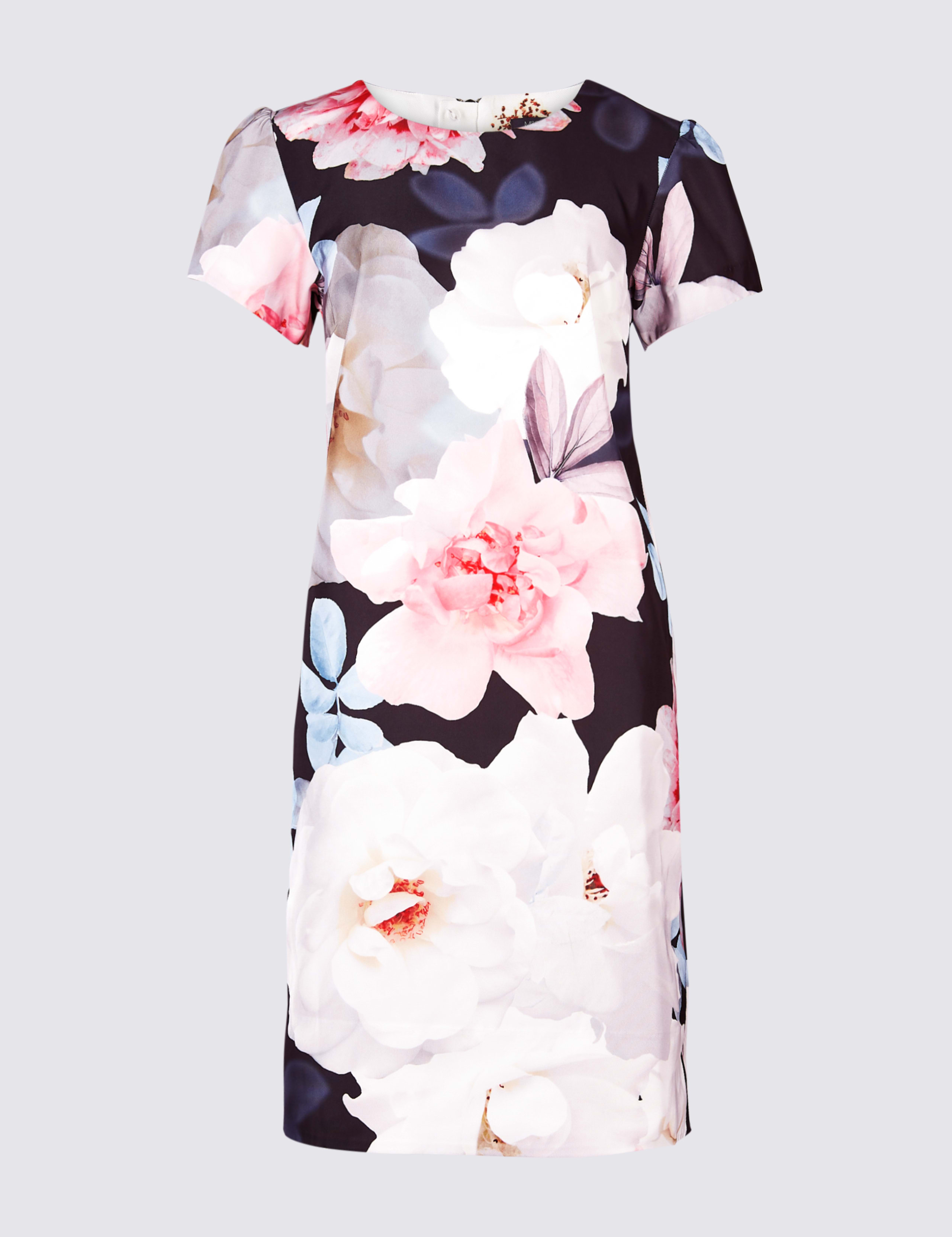 Floral Print Satin Short Sleeve Tunic Dress 2 of 4