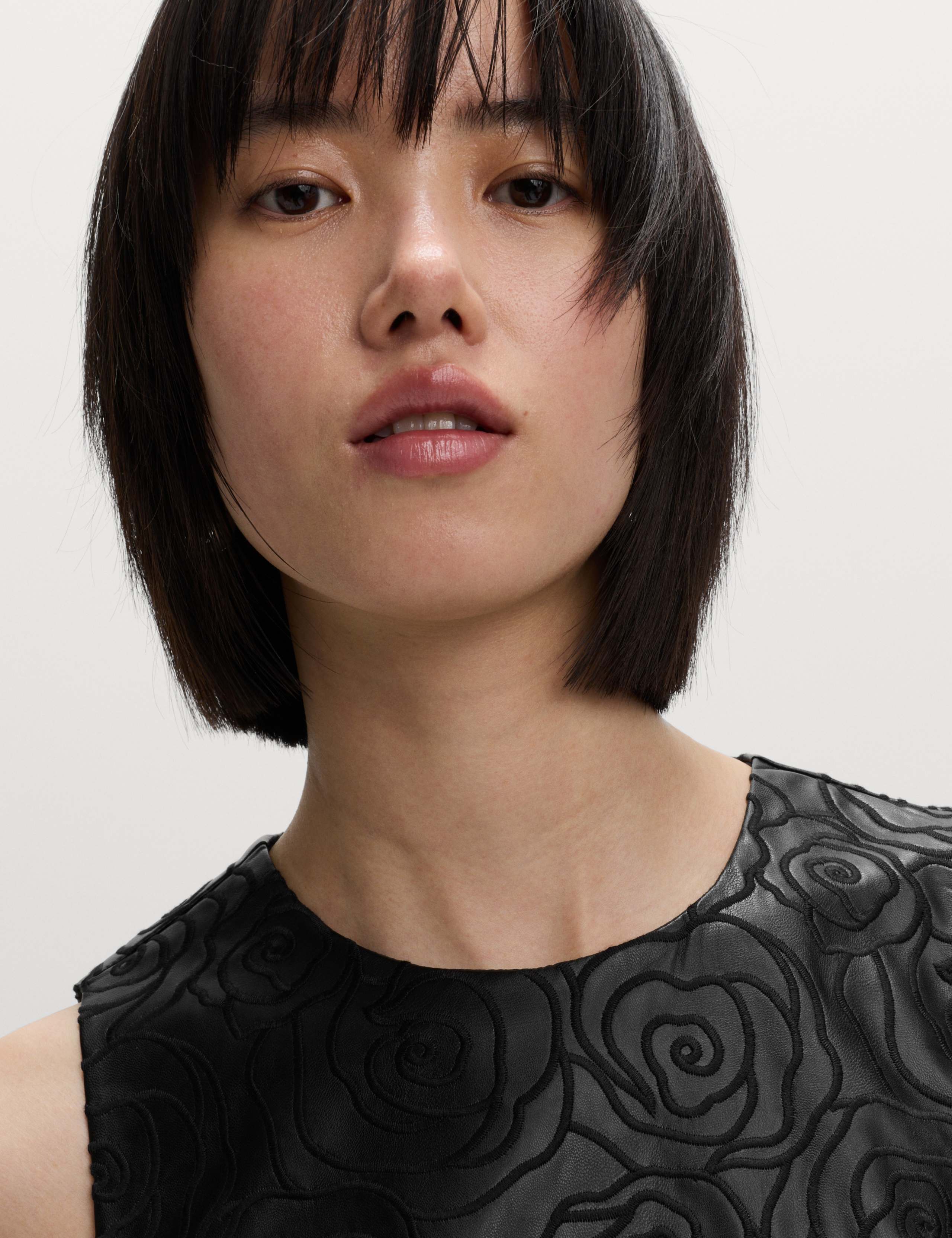Faux Leather Embossed Crew Neck Mini Smock Dress 3 of 5