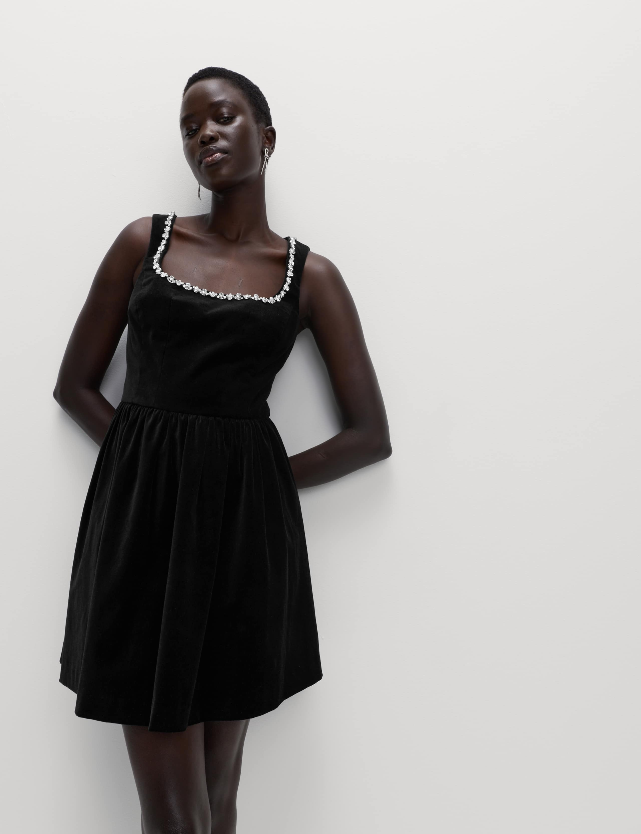 Cotton Rich Velvet Embellished Mini Skater Dress 1 of 7