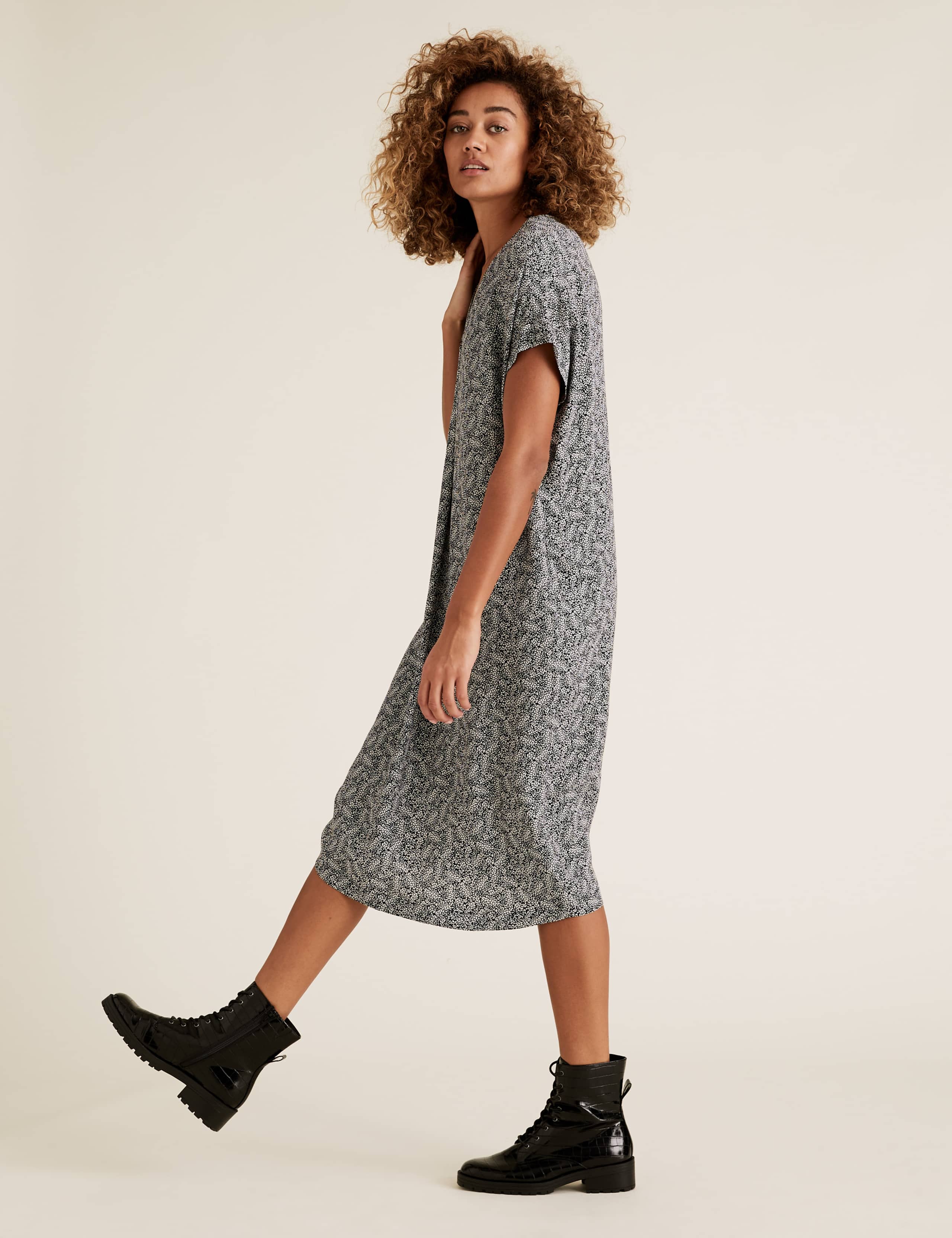 Leaf Print V-Neck Midi Shift Dress 1 of 5