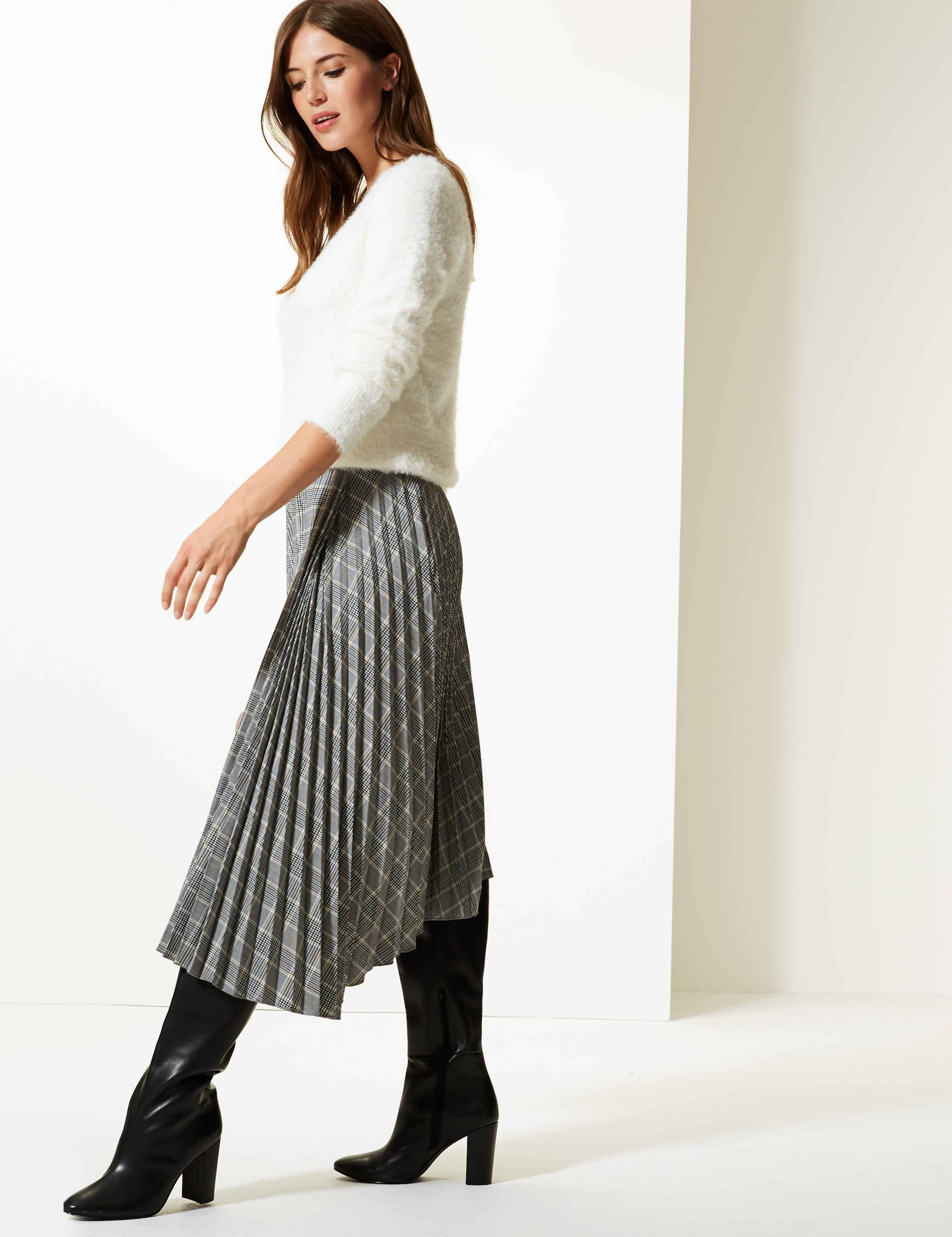 Checked Asymmetric Pleated Midi Skirt 1 of 6
