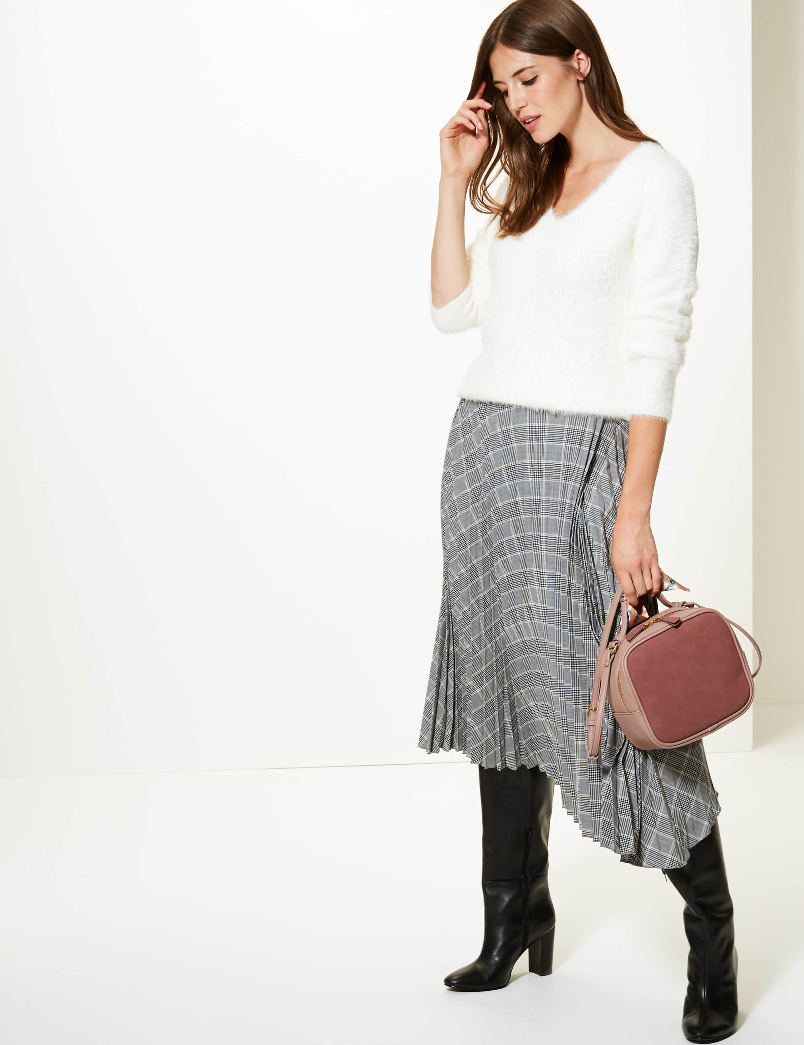 Checked Asymmetric Pleated Midi Skirt 6 of 6