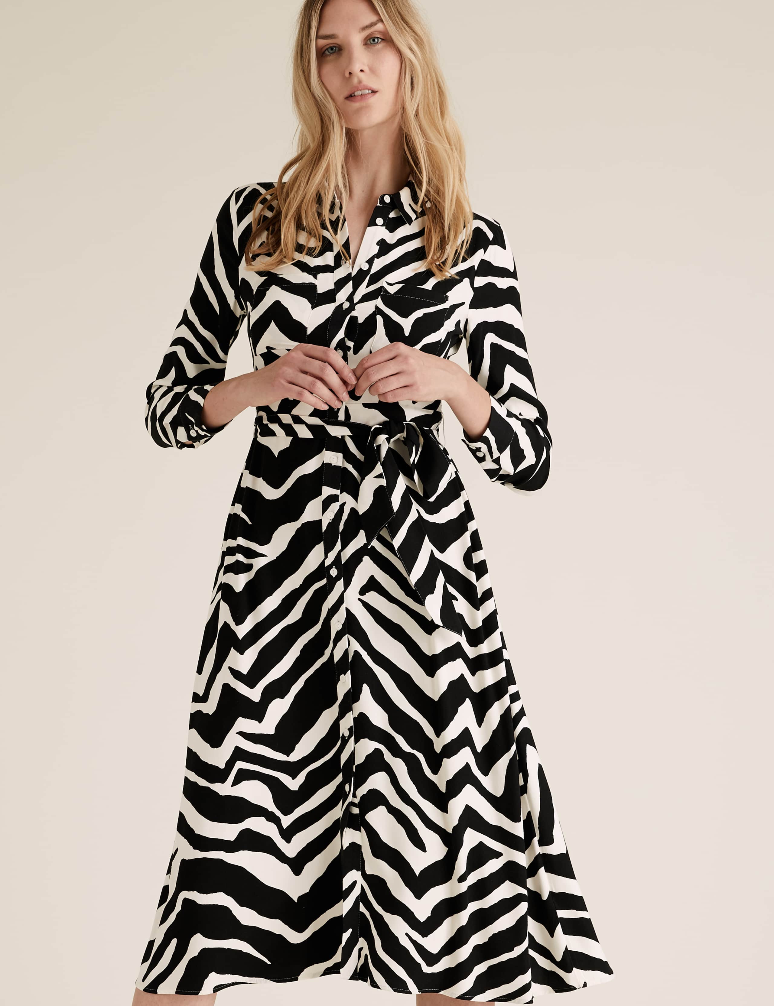 Zebra Print Belted Midi Shirt Dress 1 of 4