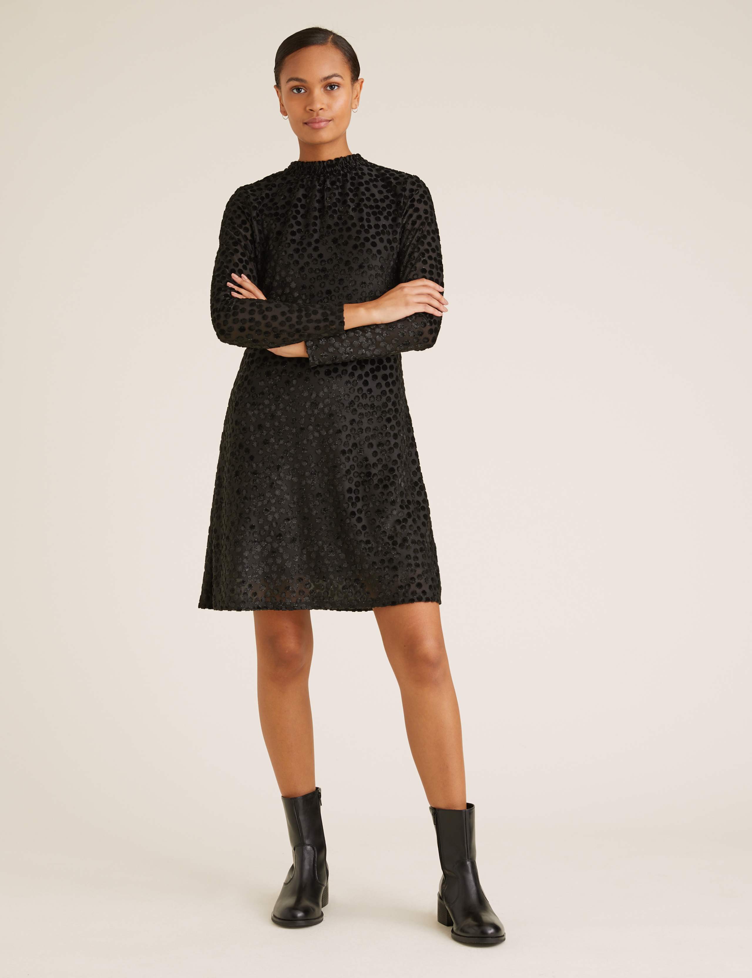 Velvet Polka Dot High Neck Swing Dress 1 of 4