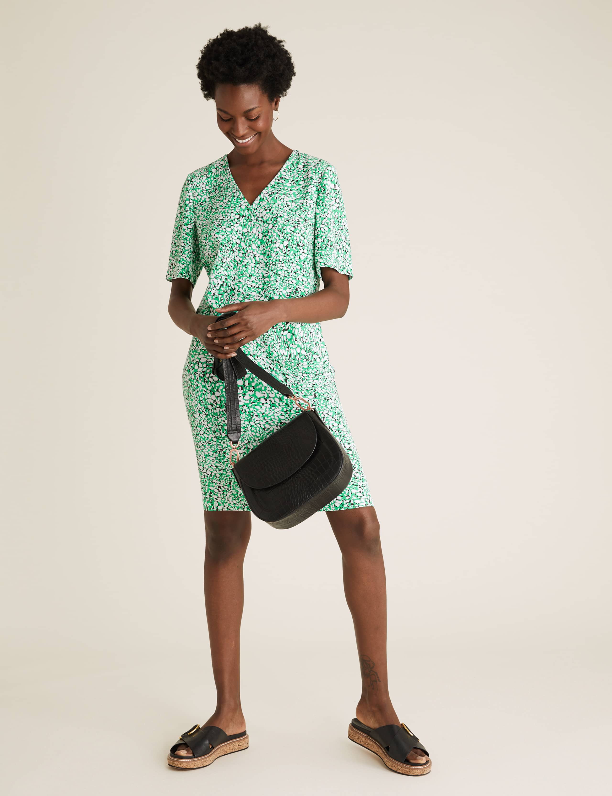 Animal Print V-Neck Knee Length Shift Dress 3 of 6