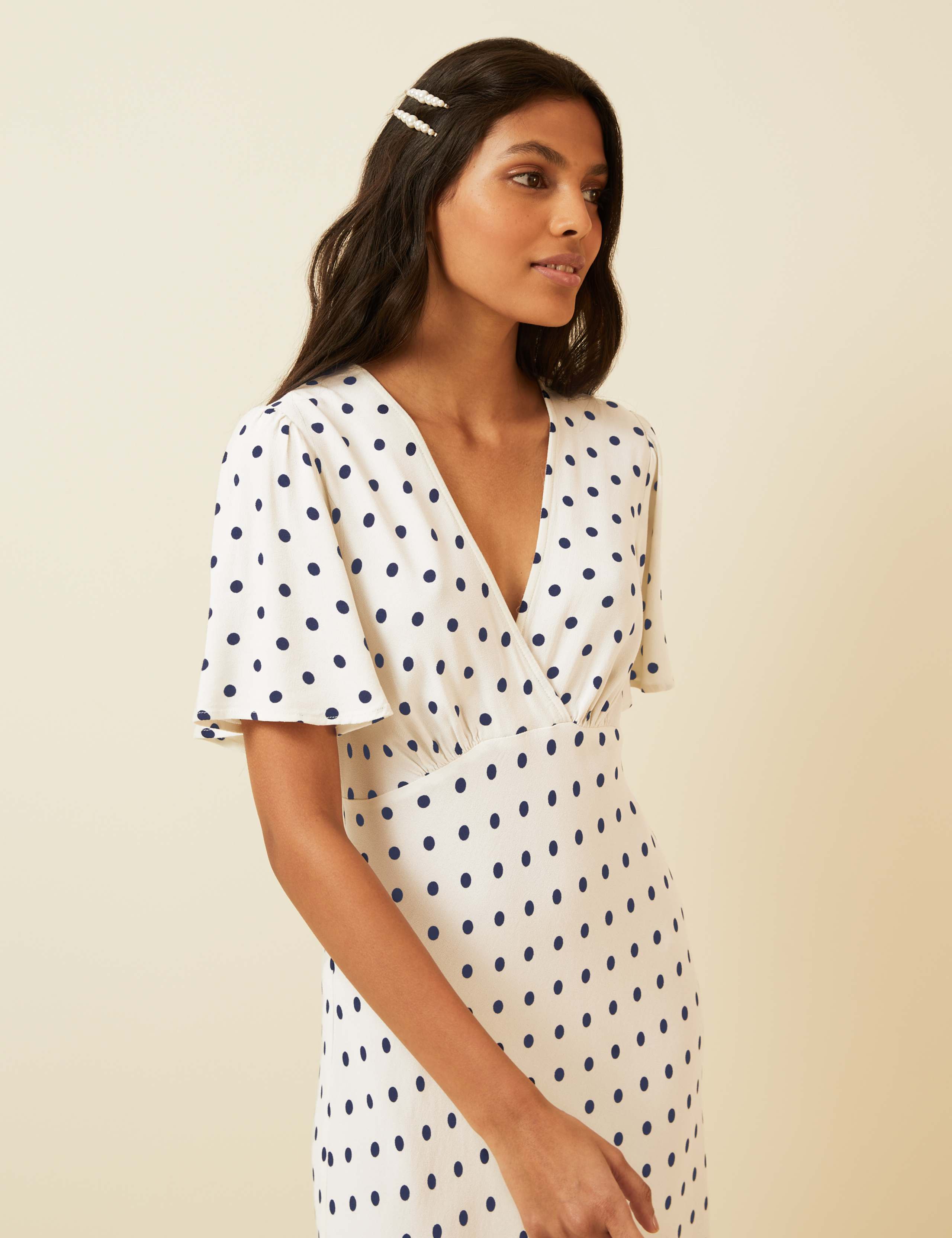 Polka Dot V-Neck Angel Sleeve Midi Dress 3 of 7