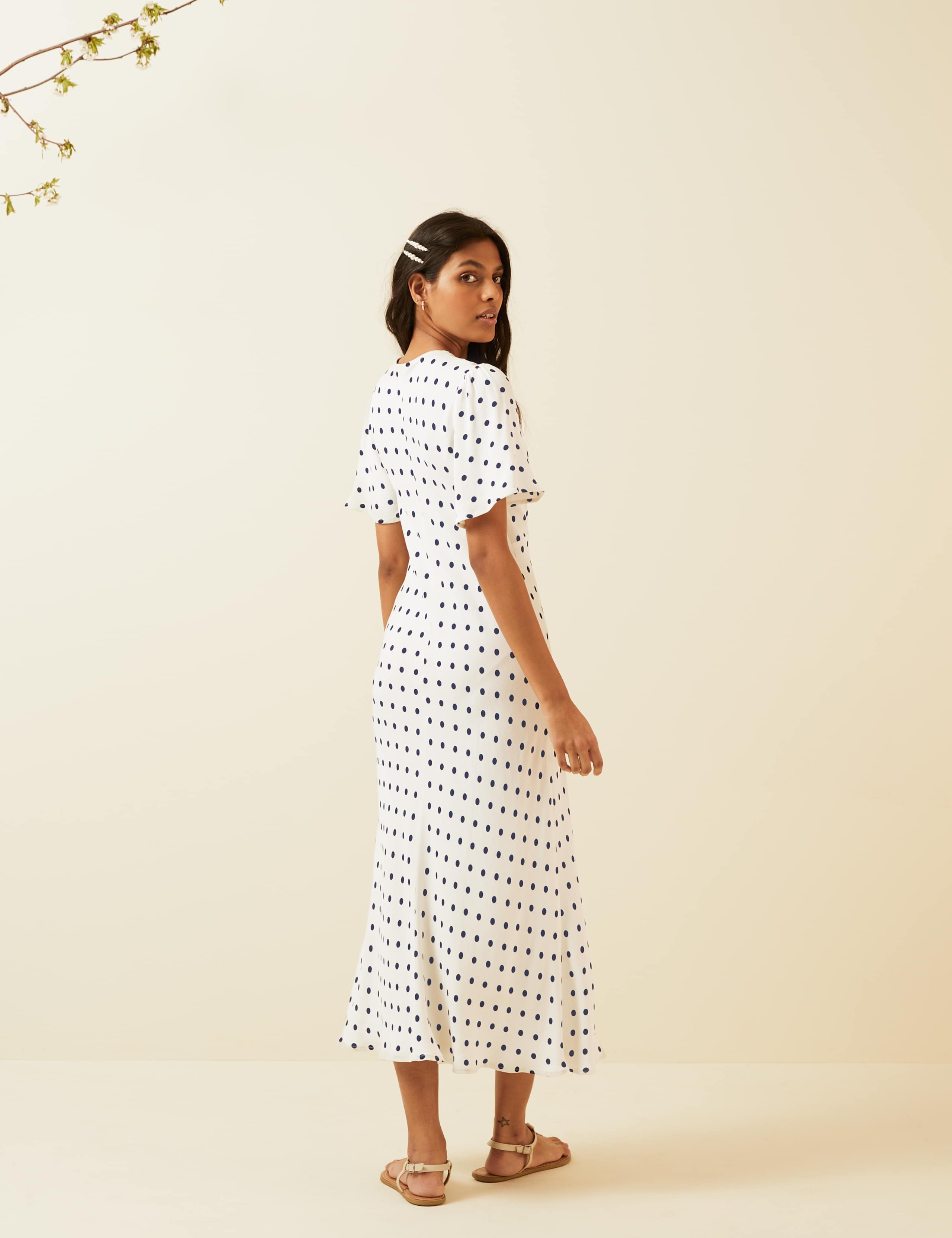 Polka Dot V-Neck Angel Sleeve Midi Dress 4 of 7