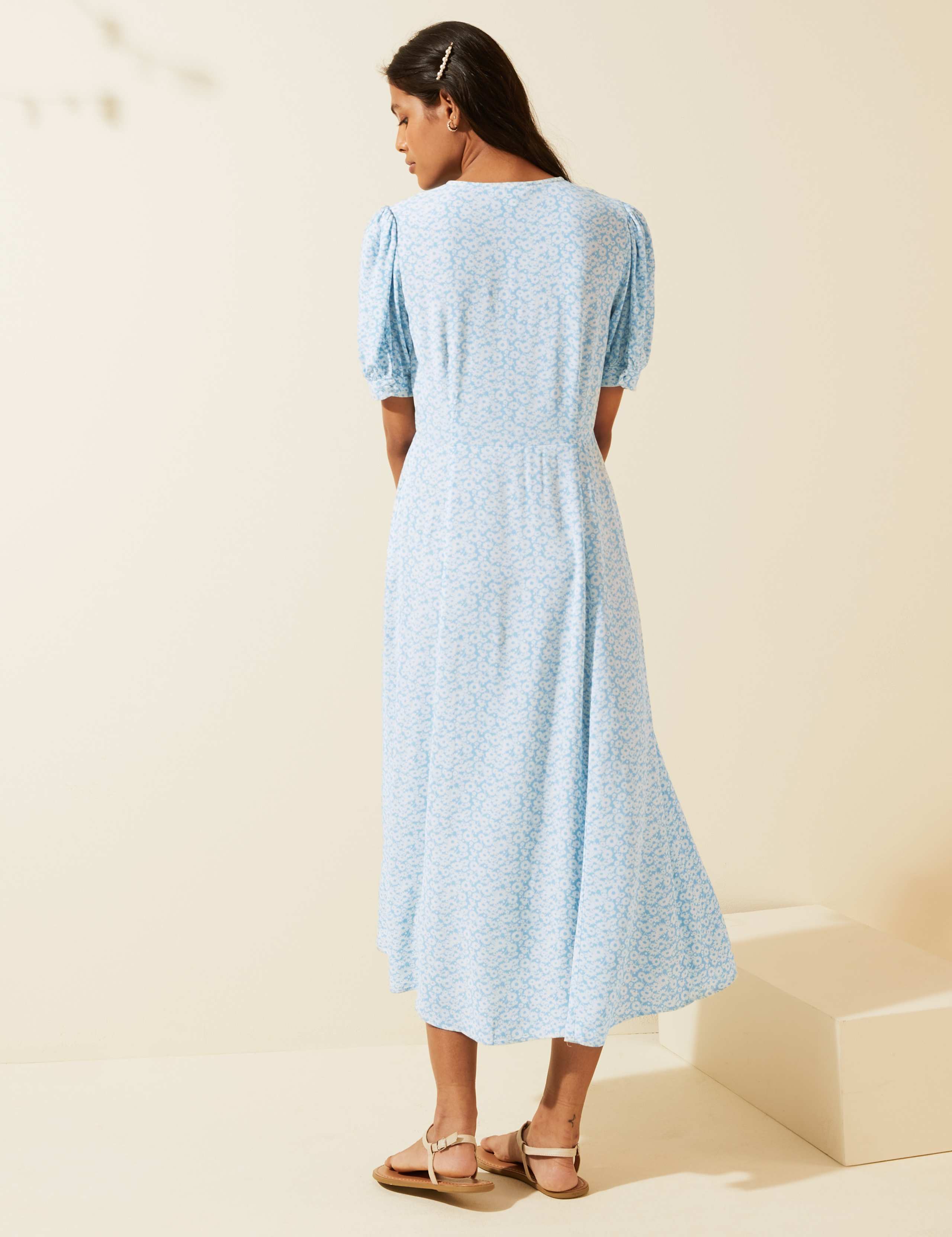 Floral V-Neck Puff Sleeve Midi Tea Dress 4 of 7