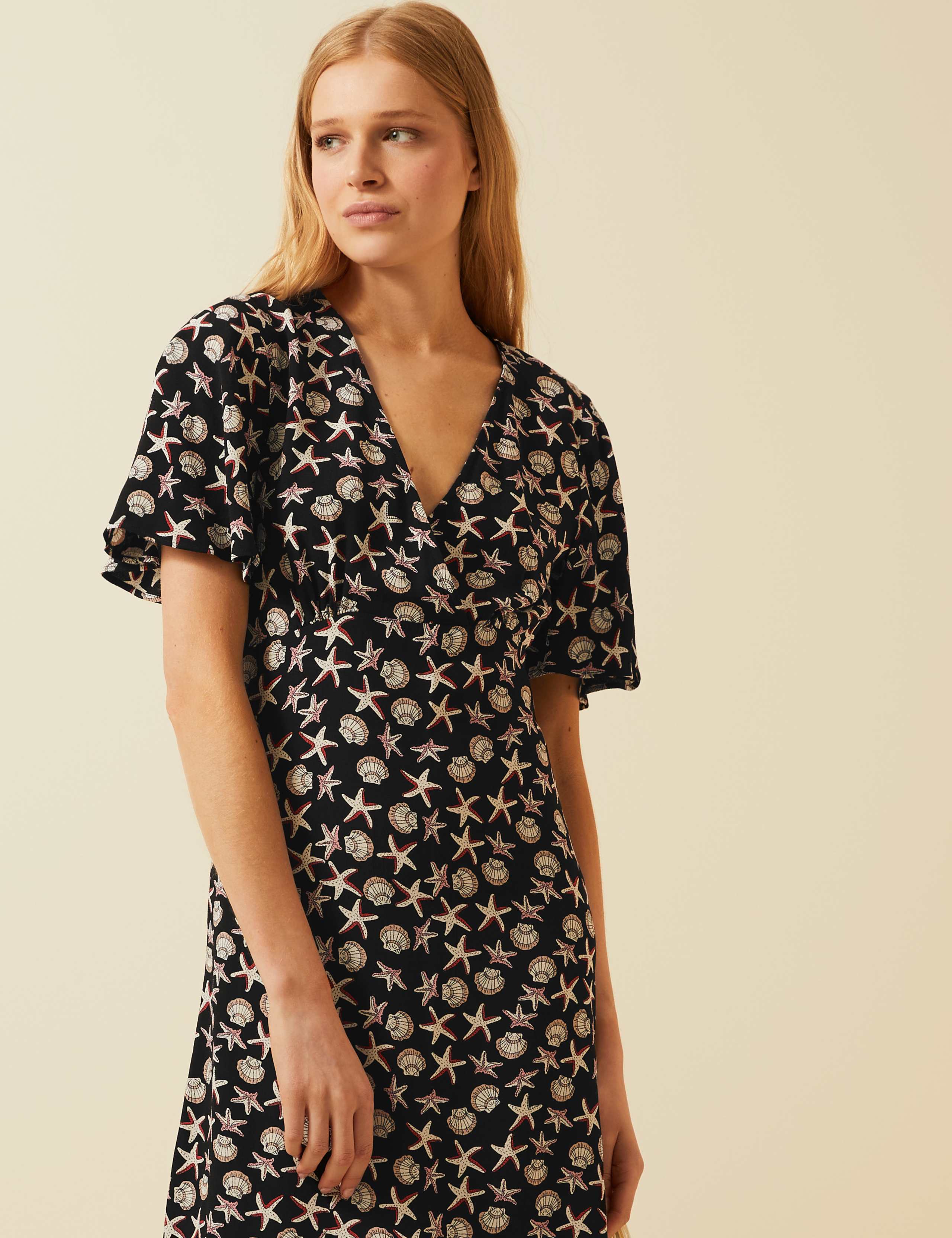 Printed V-Neck Angel Sleeve Midi Tea Dress 1 of 6