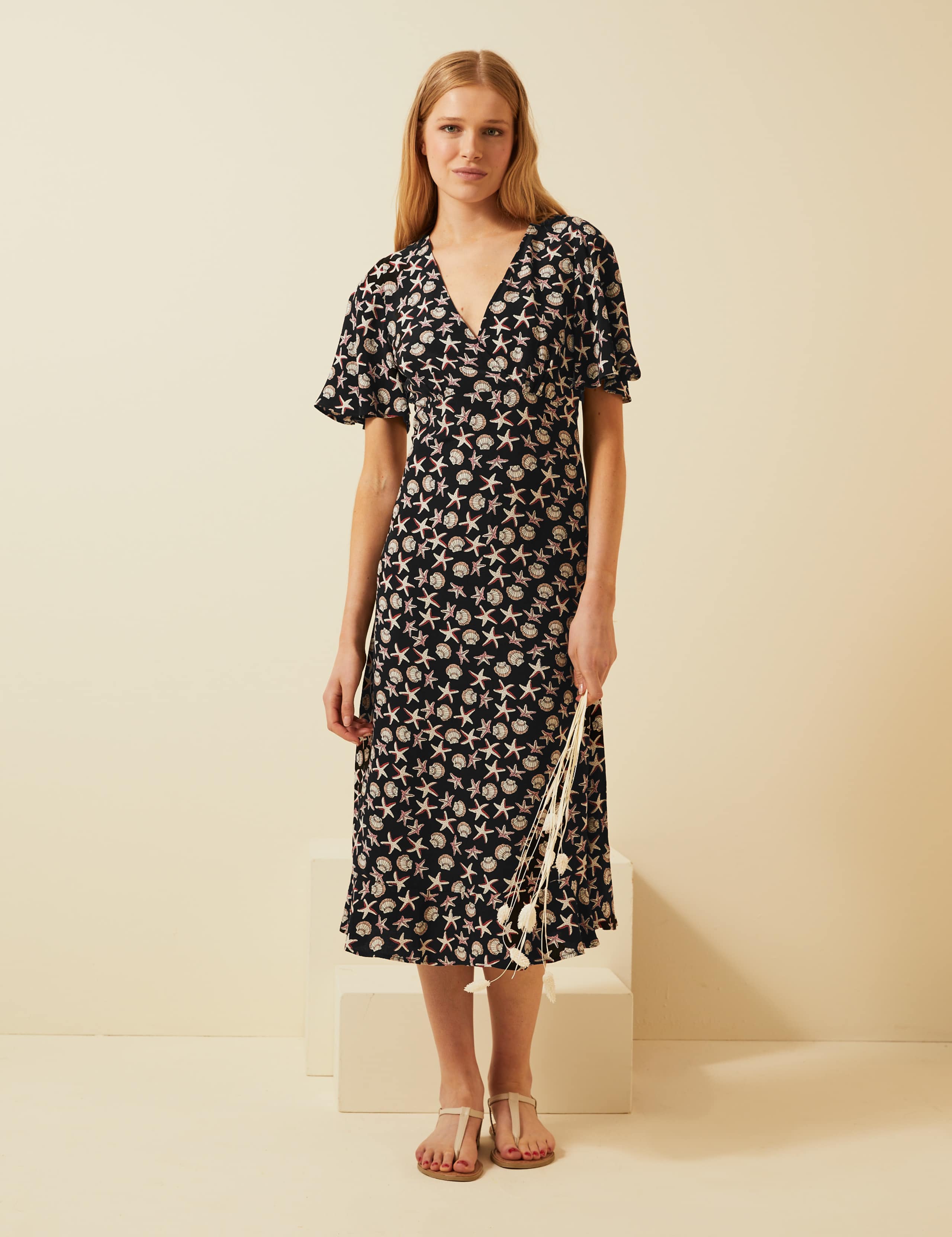 Printed V-Neck Angel Sleeve Midi Tea Dress 3 of 6