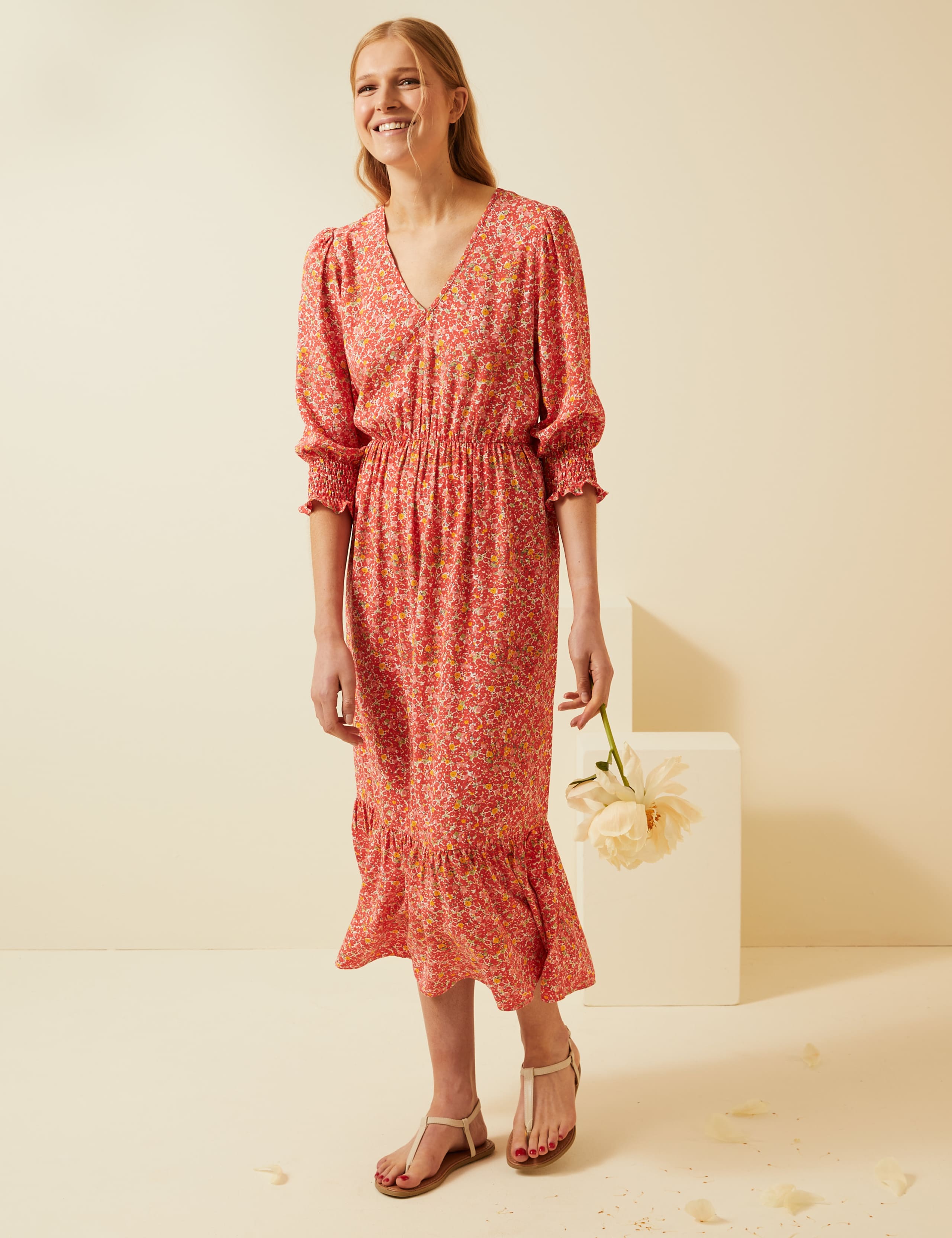 Floral V-Neck Puff Sleeve Midi Tea Dress 1 of 6