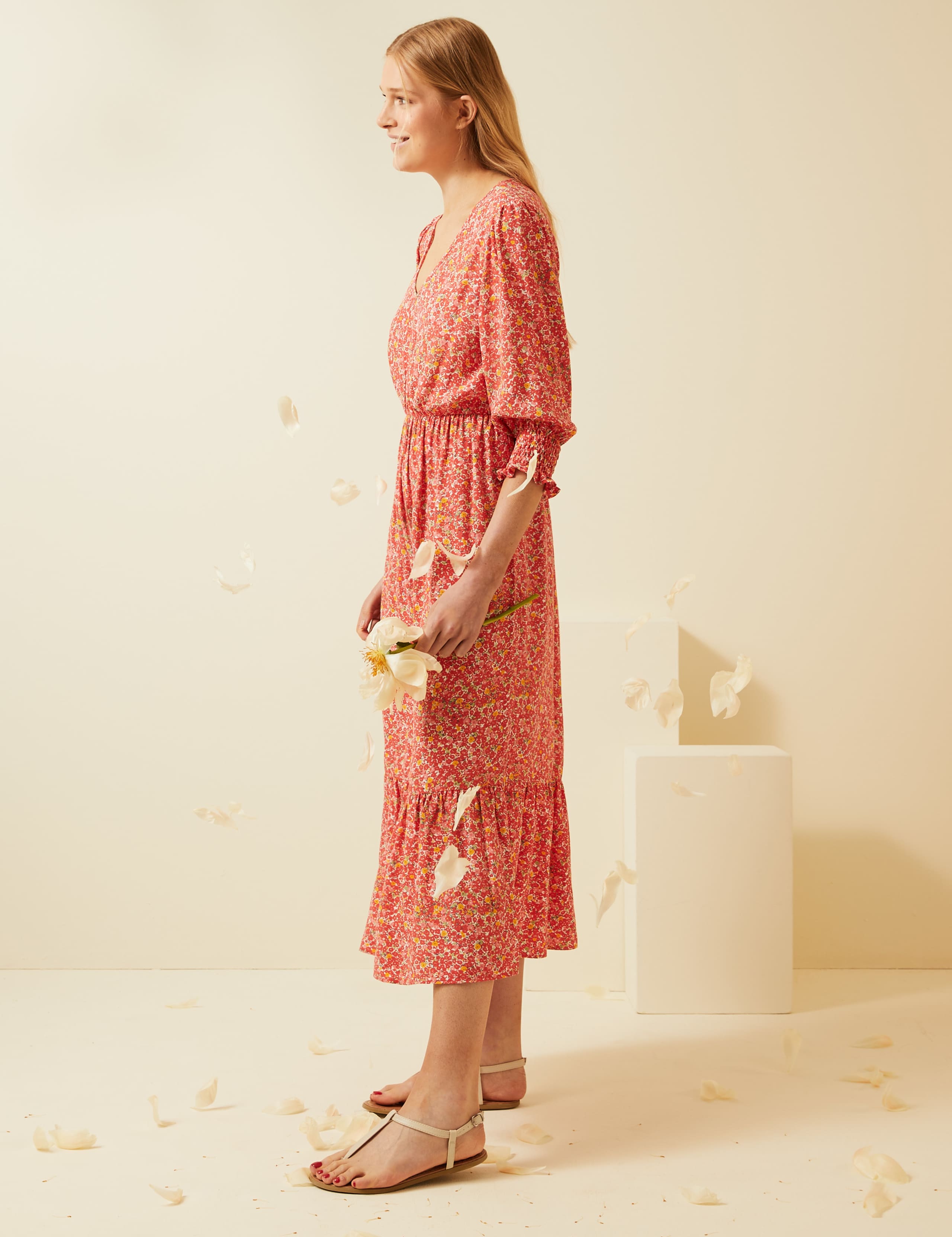 Floral V-Neck Puff Sleeve Midi Tea Dress 4 of 6
