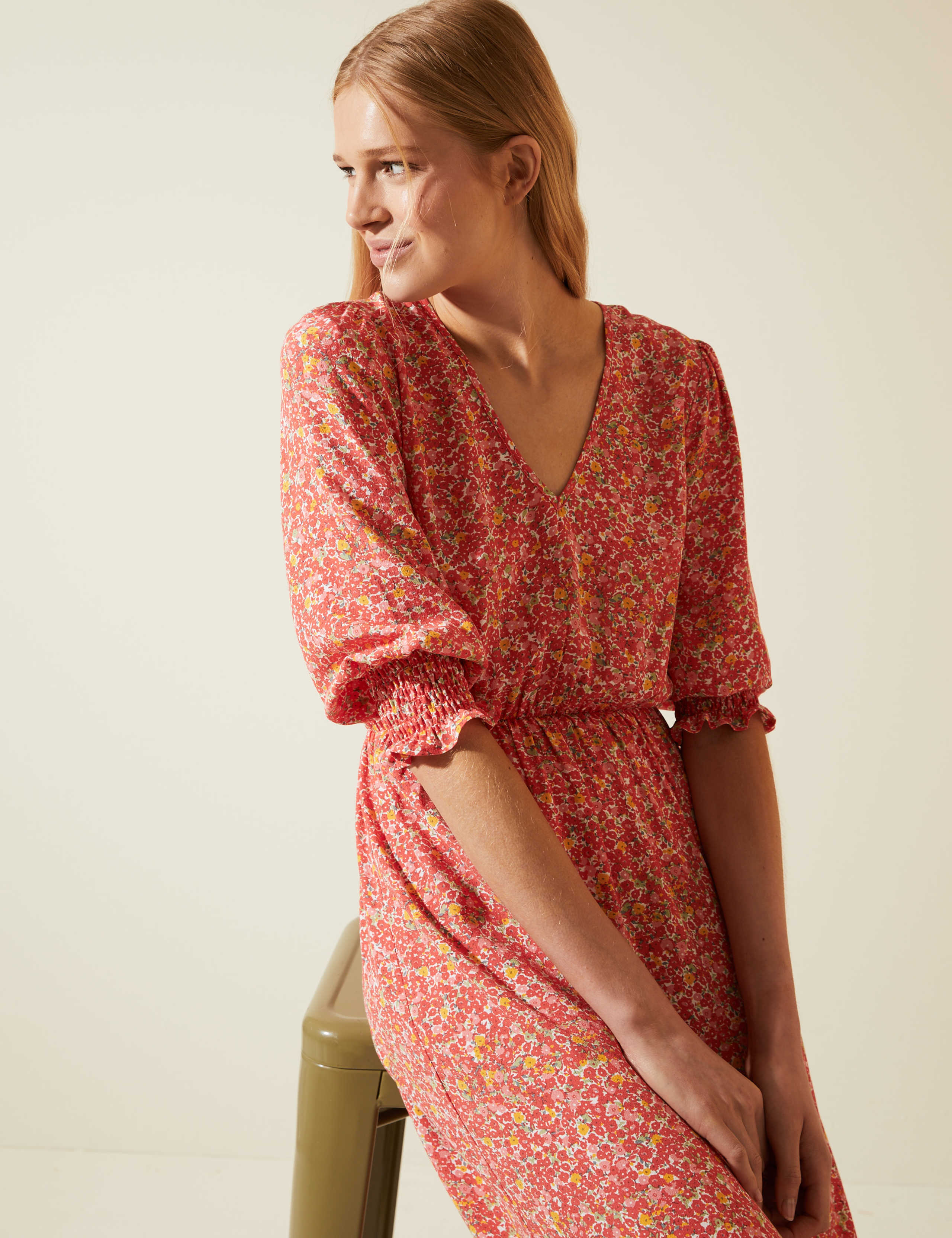 Floral V-Neck Puff Sleeve Midi Tea Dress 5 of 6