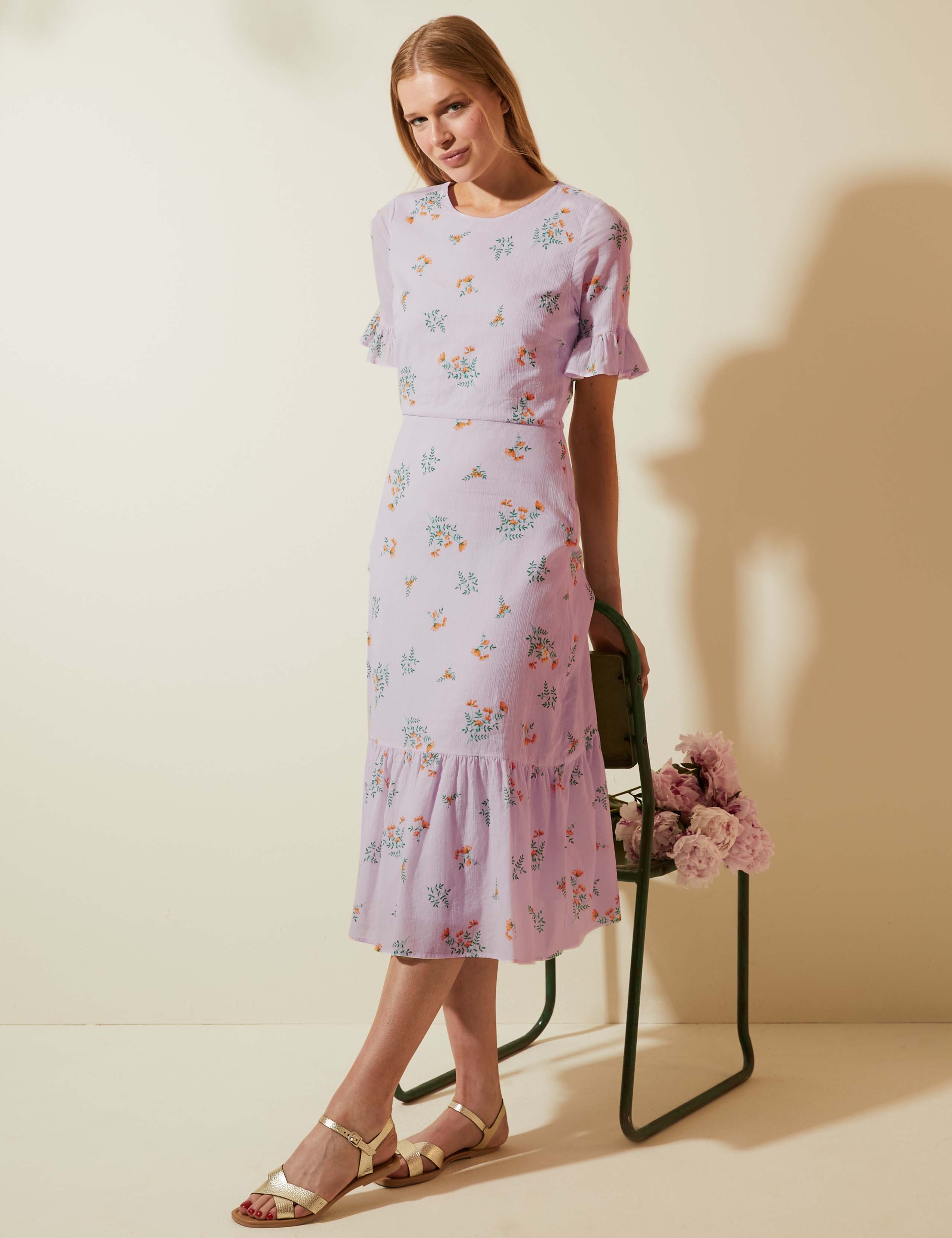 Pure Cotton Floral Frill Sleeve Midi Dress 3 of 5