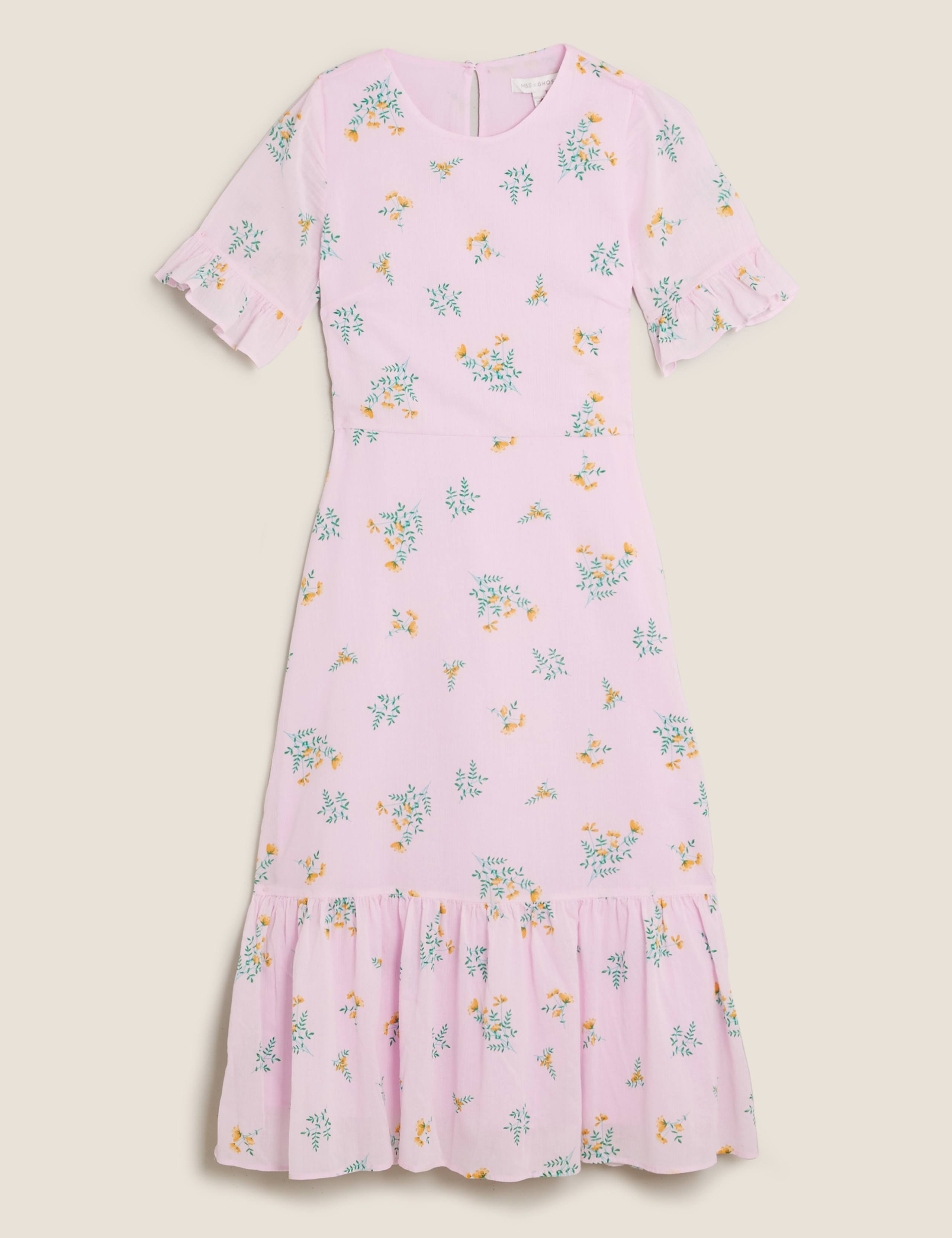 Pure Cotton Floral Frill Sleeve Midi Dress 2 of 5