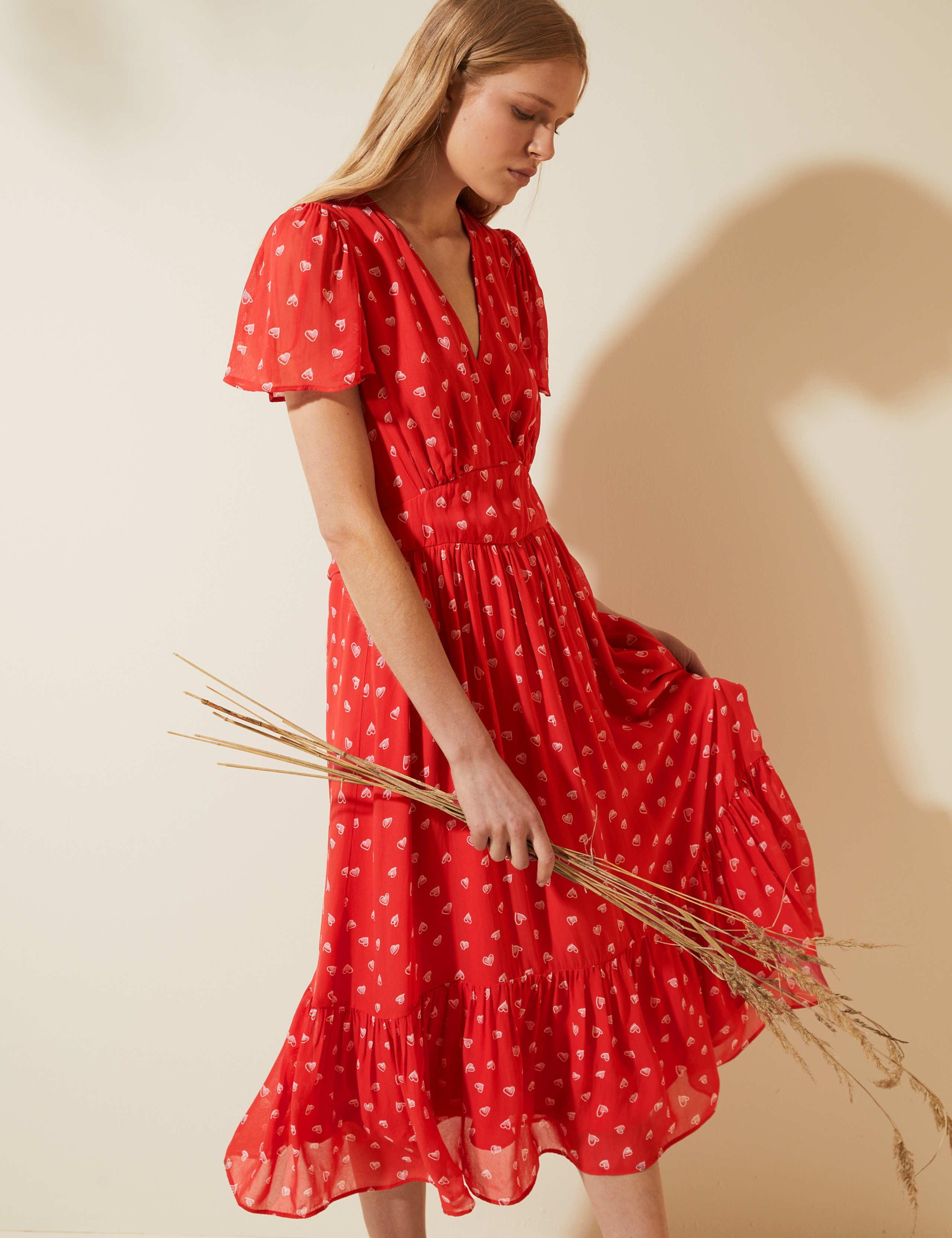 Heart Print V-Neck Midi Tea Dress 1 of 8