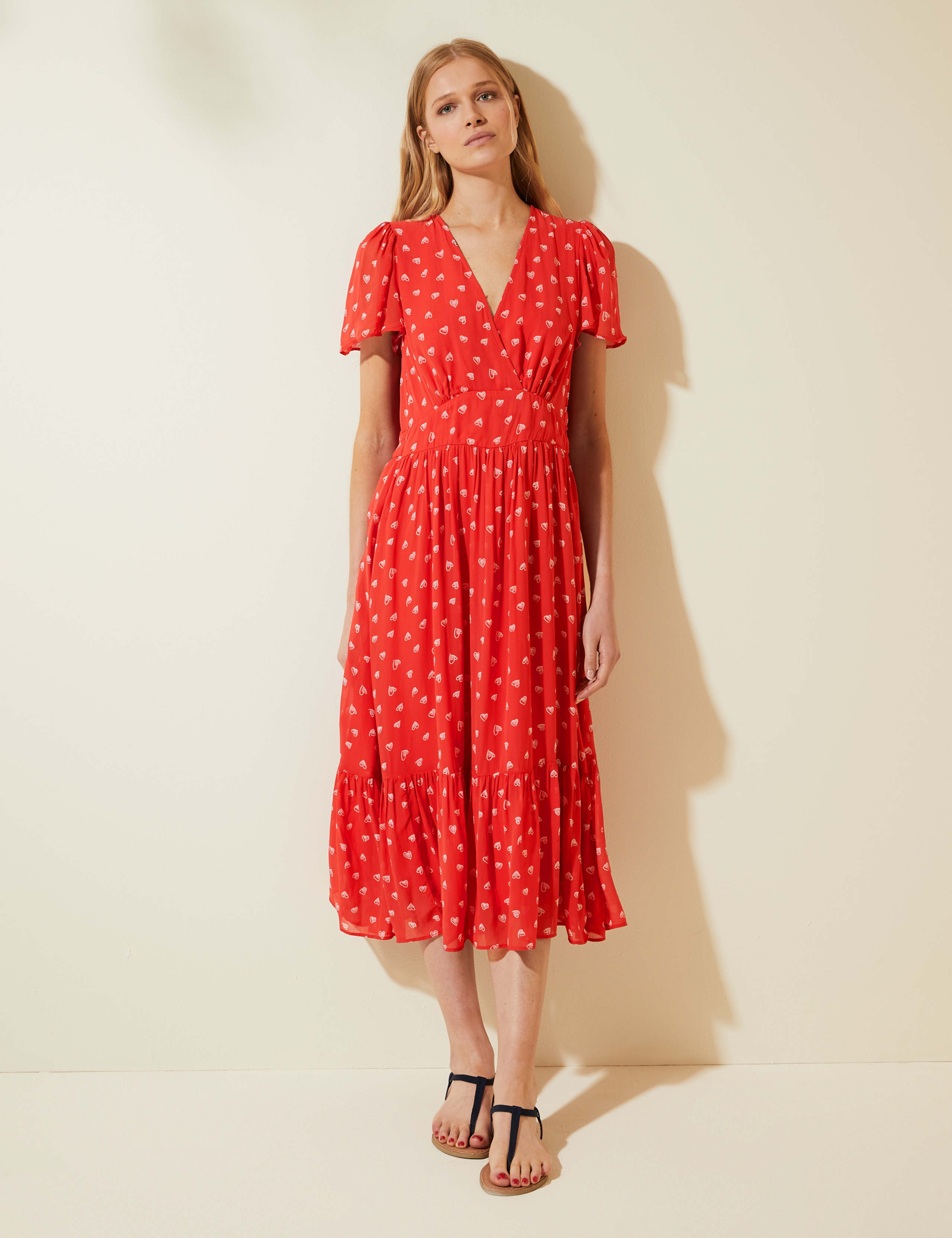 Heart Print V-Neck Midi Tea Dress 3 of 8