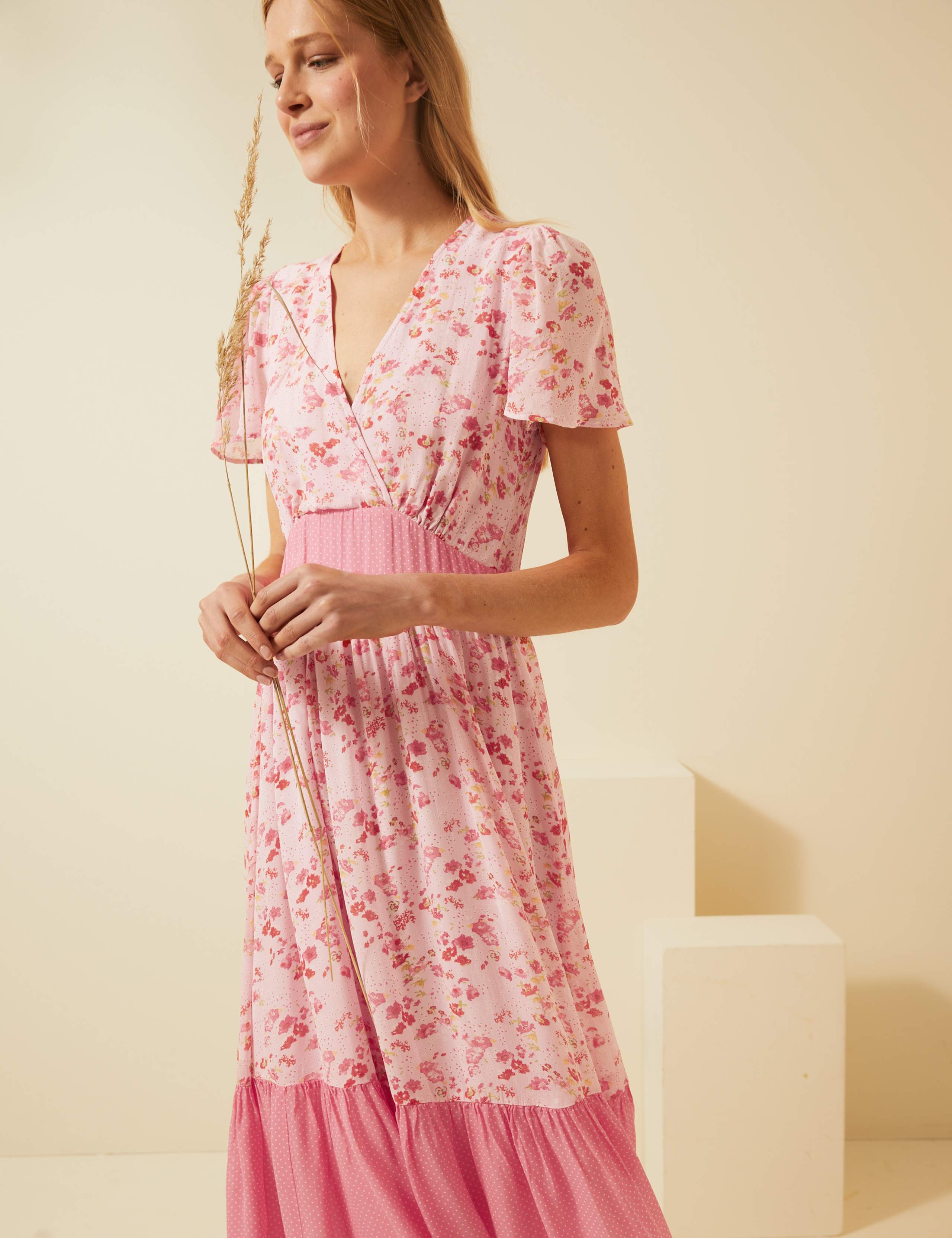 Floral V-Neck Angel Sleeve Midi Tea Dress 4 of 8