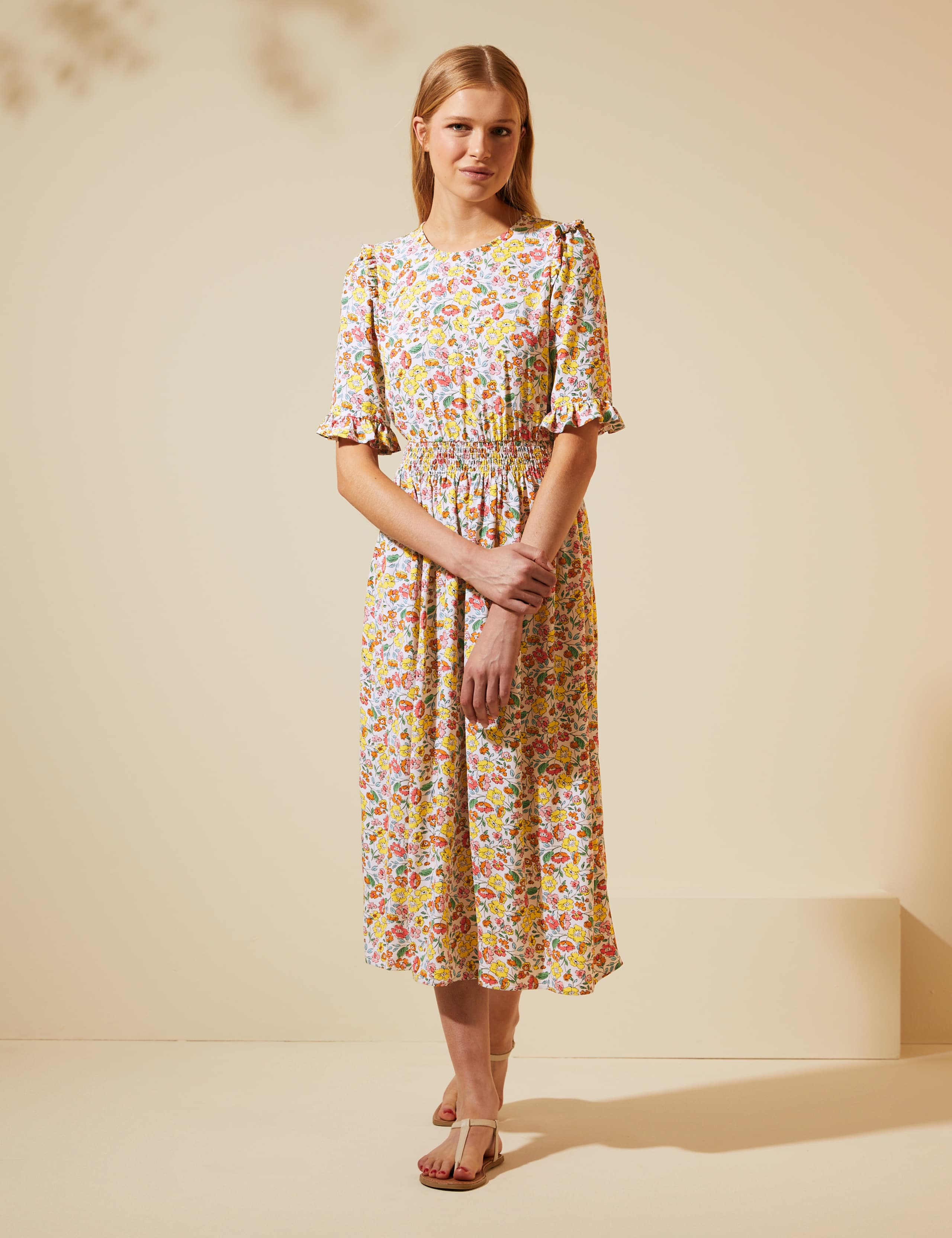 Floral Frill Detail Shirred Midi Tea Dress 2 of 8