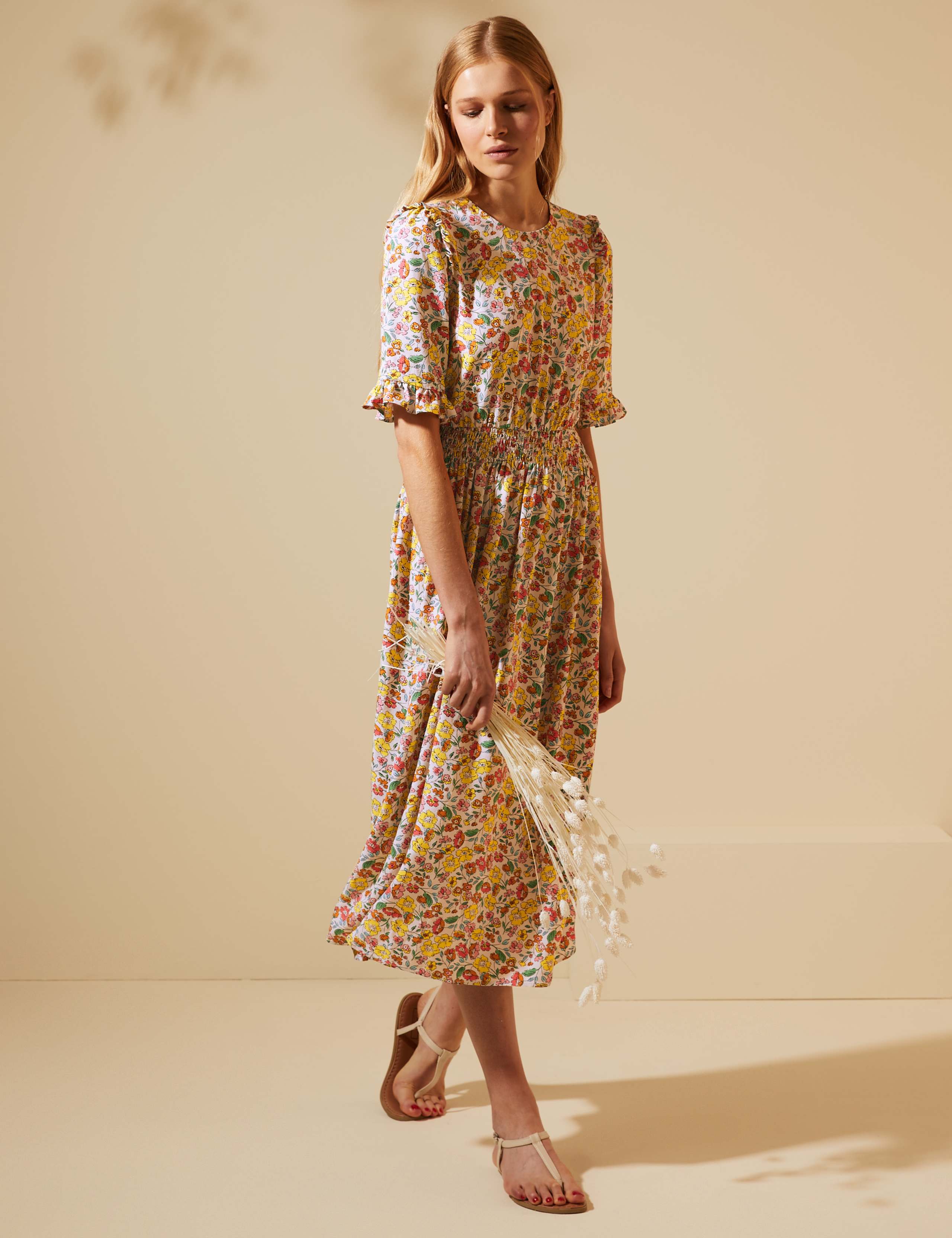 Floral Frill Detail Shirred Midi Tea Dress 4 of 8