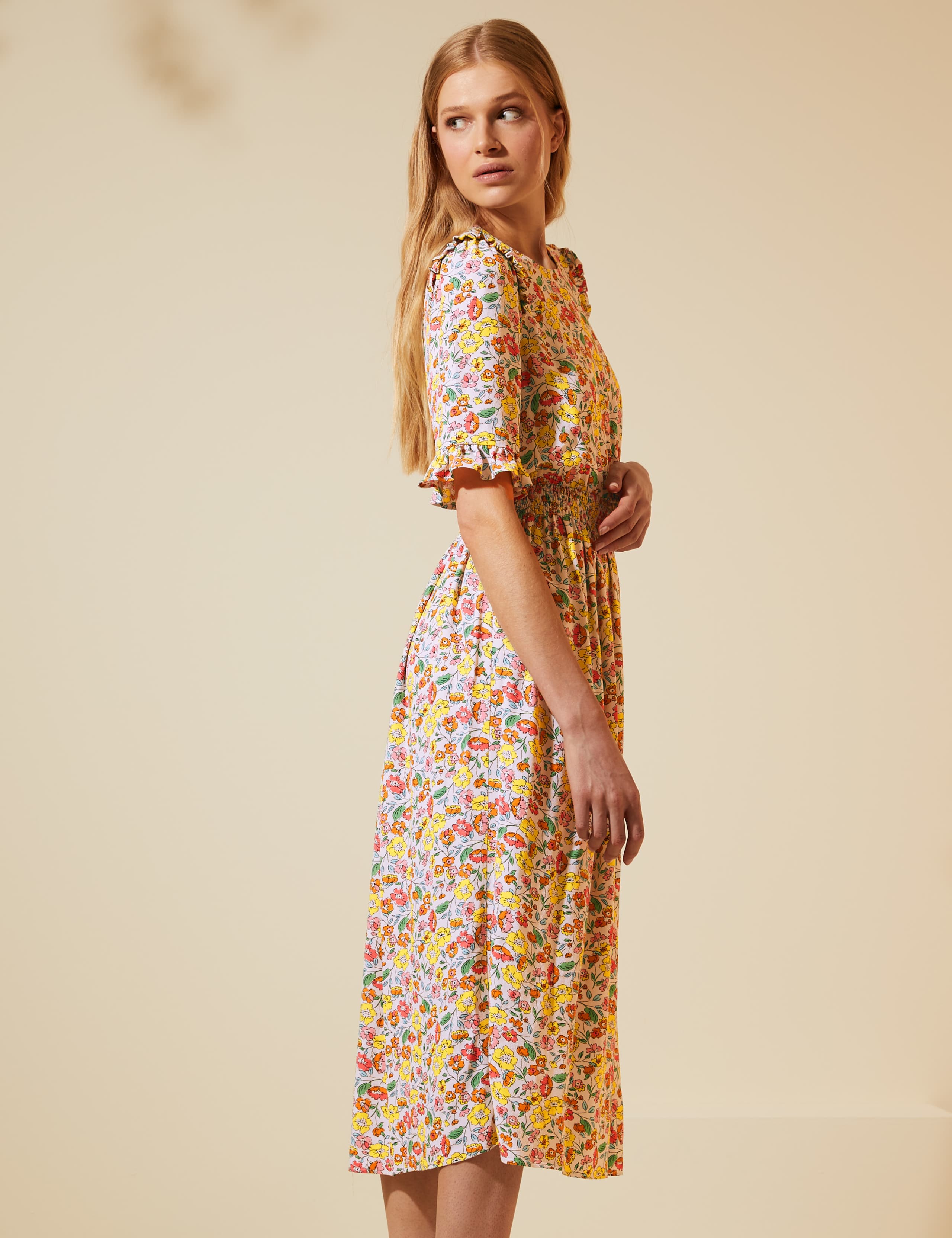 Floral Frill Detail Shirred Midi Tea Dress 6 of 8