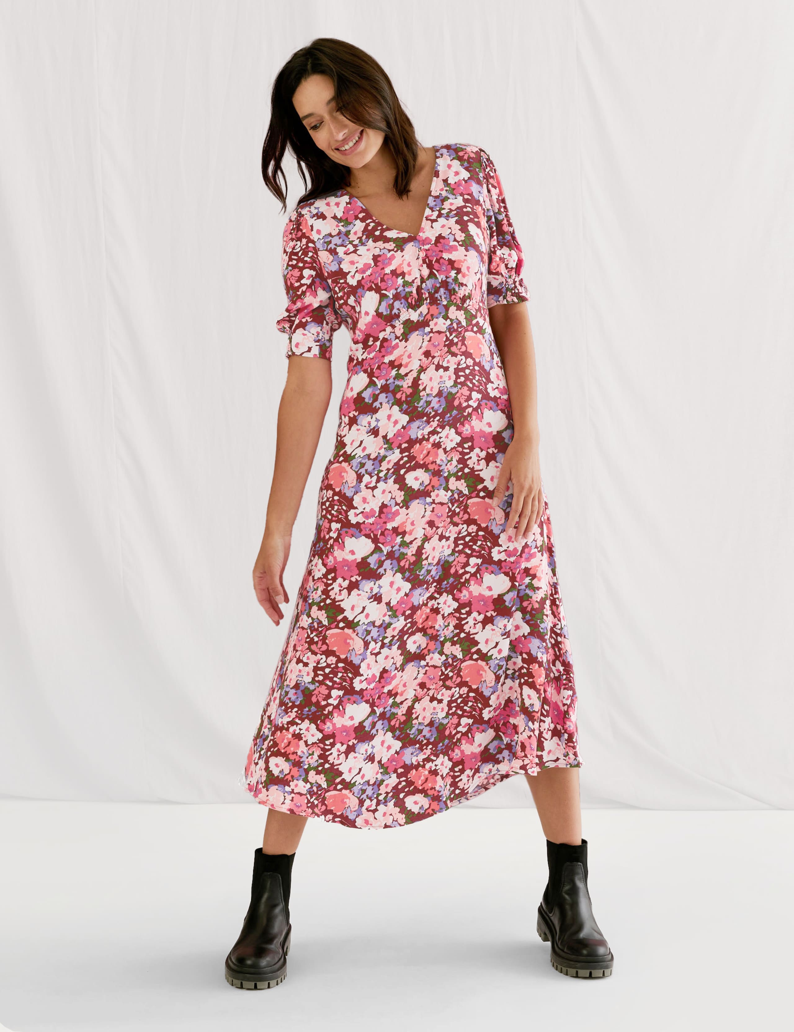 Floral V-Neck Empire Line Midi Tea Dress 3 of 5