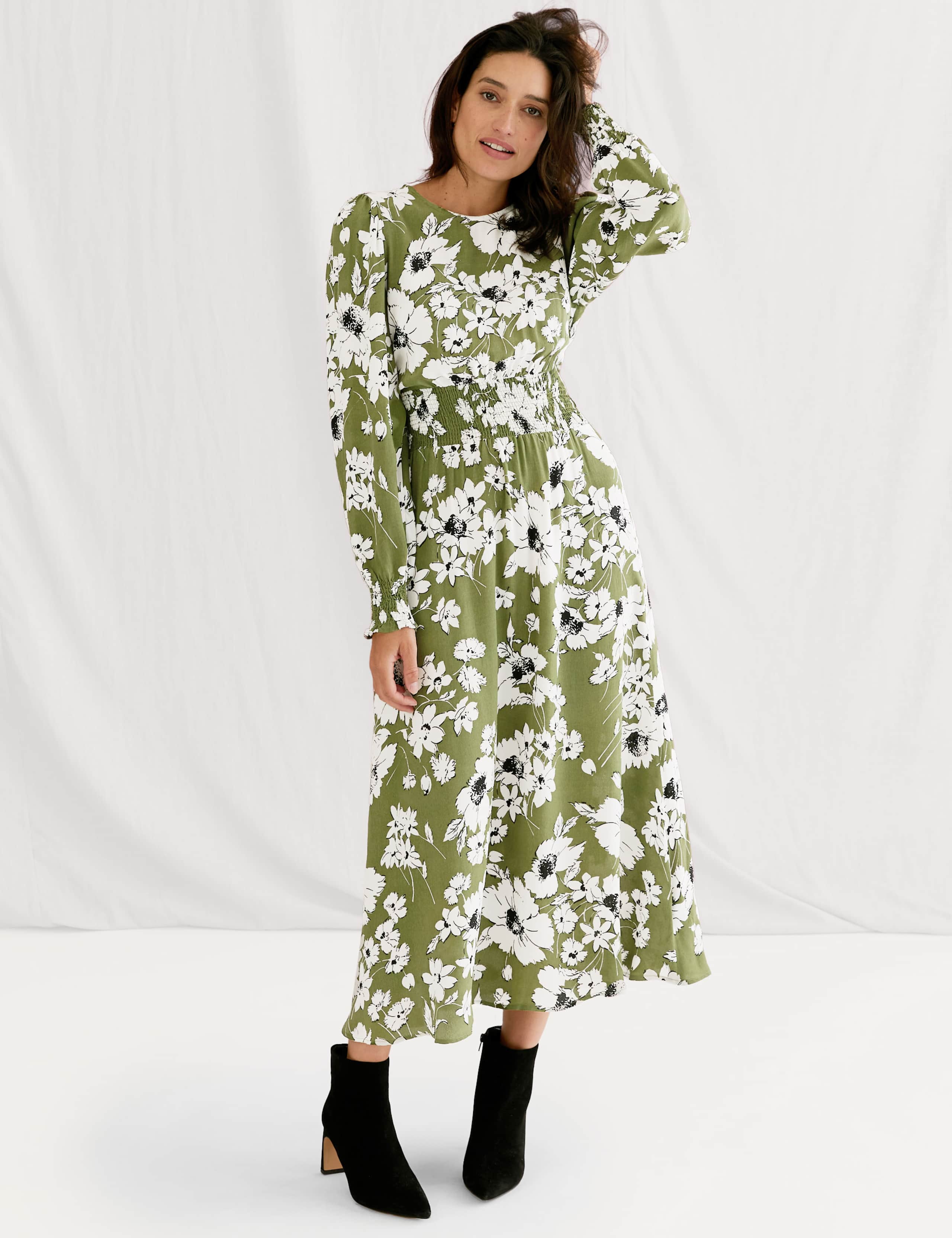 Floral Shirred Midi Waisted Dress 1 of 7