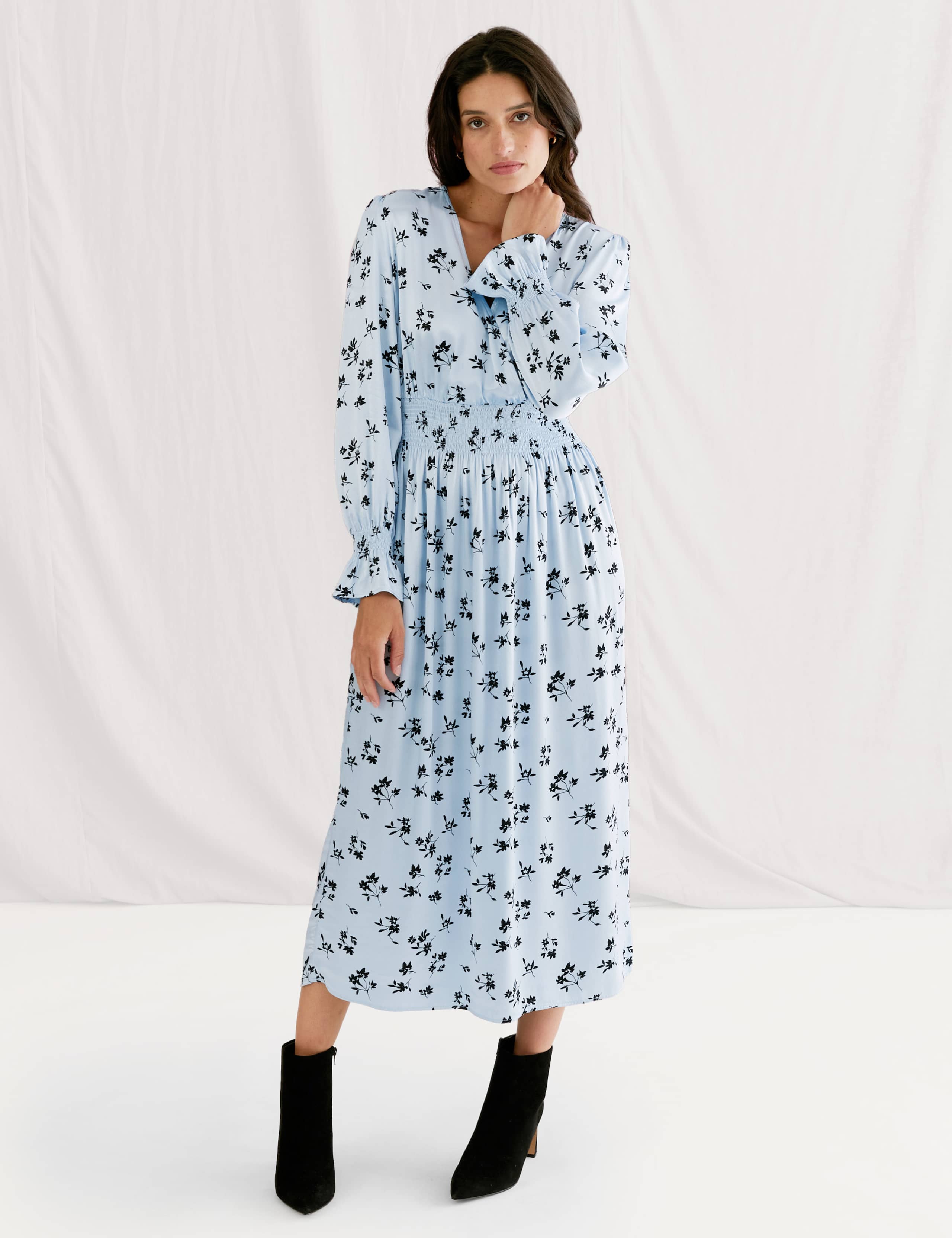 Satin Floral Shirred Midi Waisted Dress 1 of 7