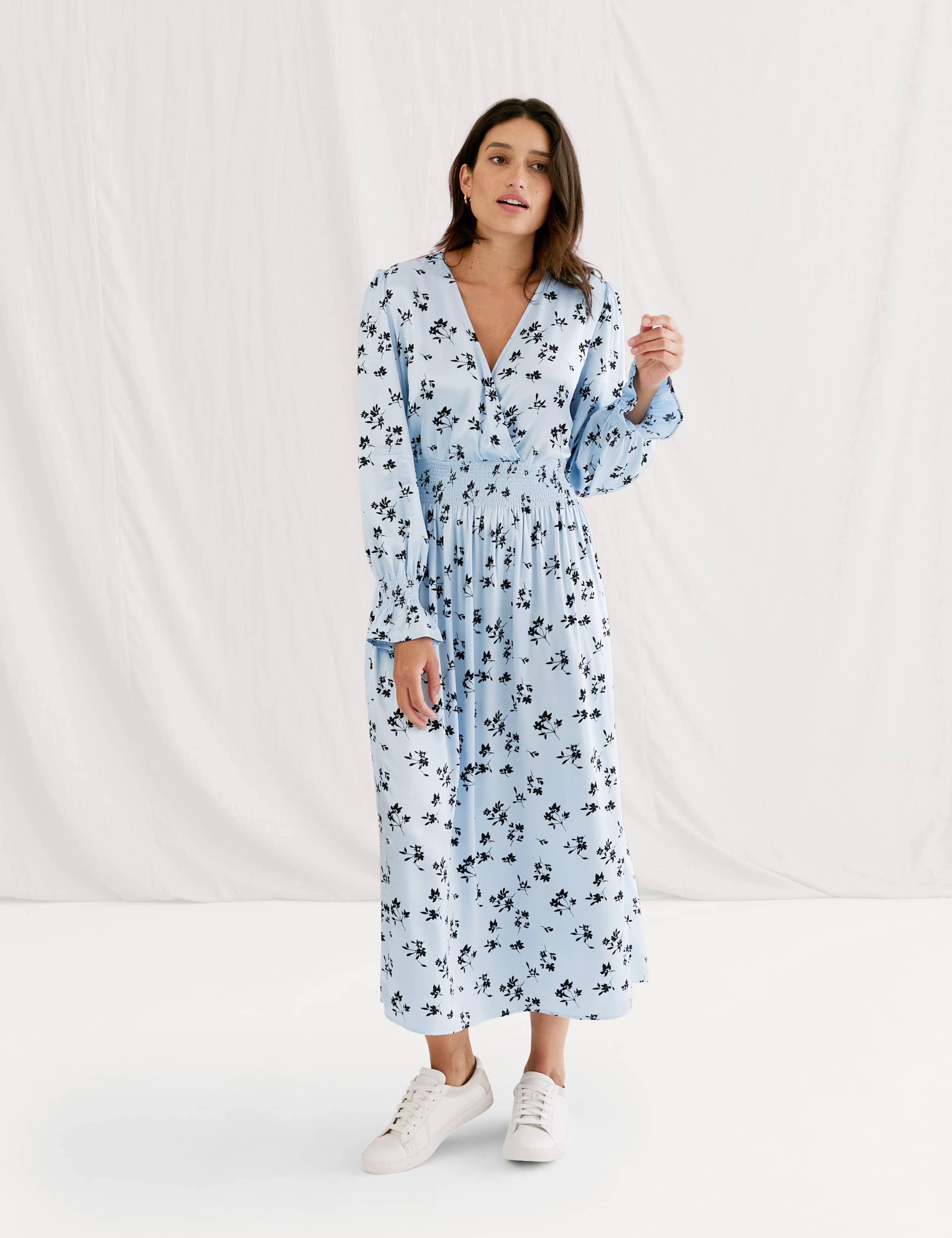 Satin Floral Shirred Midi Waisted Dress 4 of 7