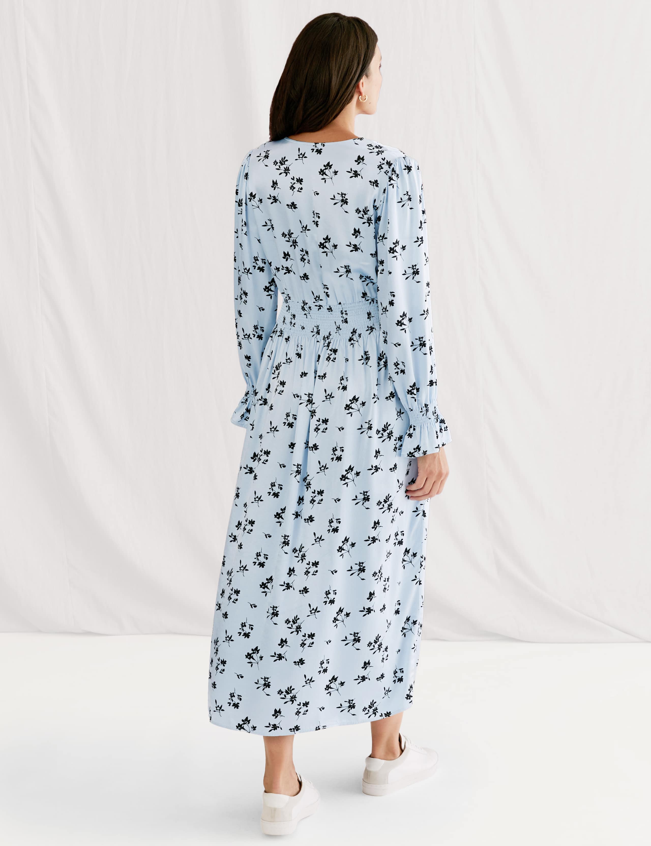 Satin Floral Shirred Midi Waisted Dress 5 of 7