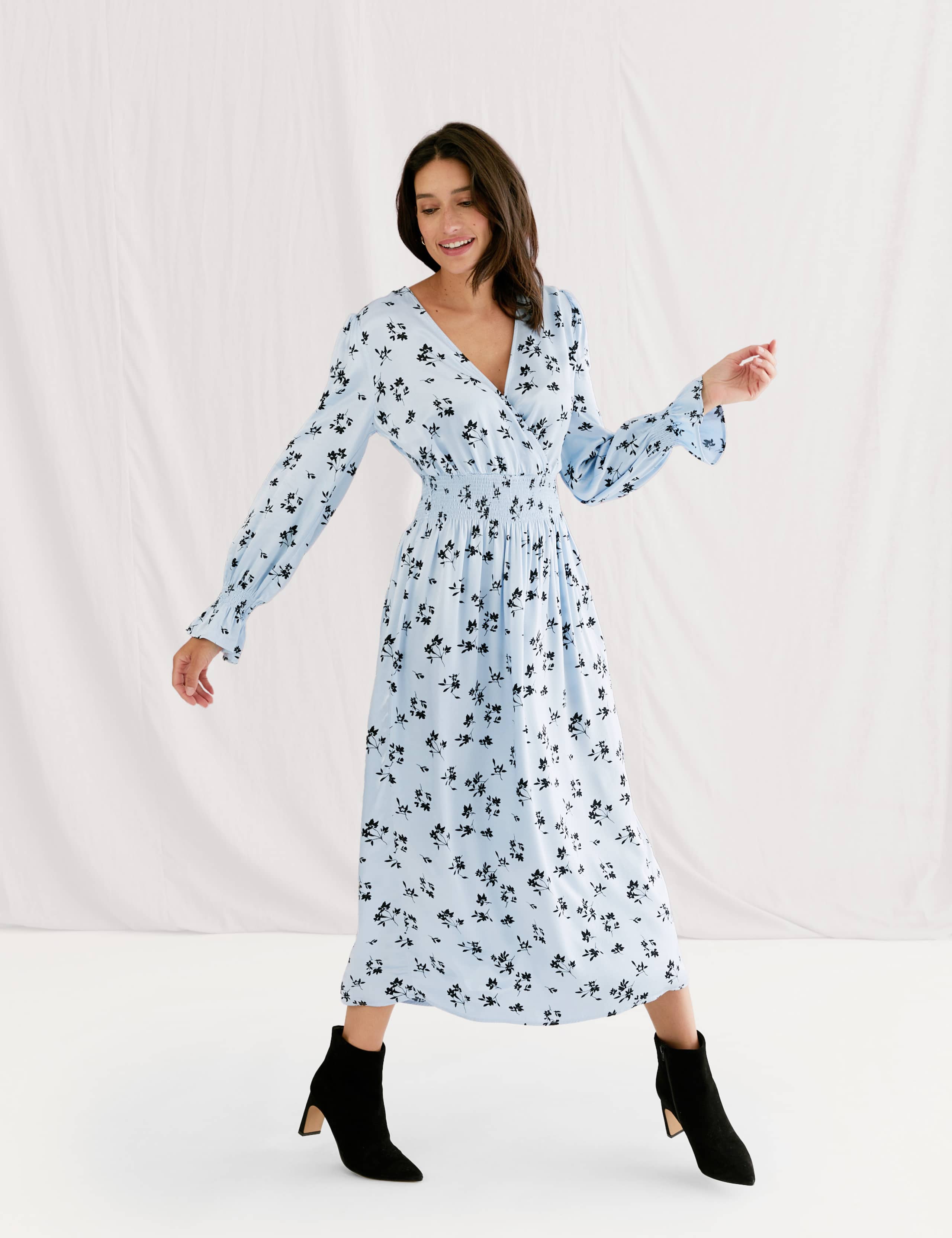 Satin Floral Shirred Midi Waisted Dress 6 of 7